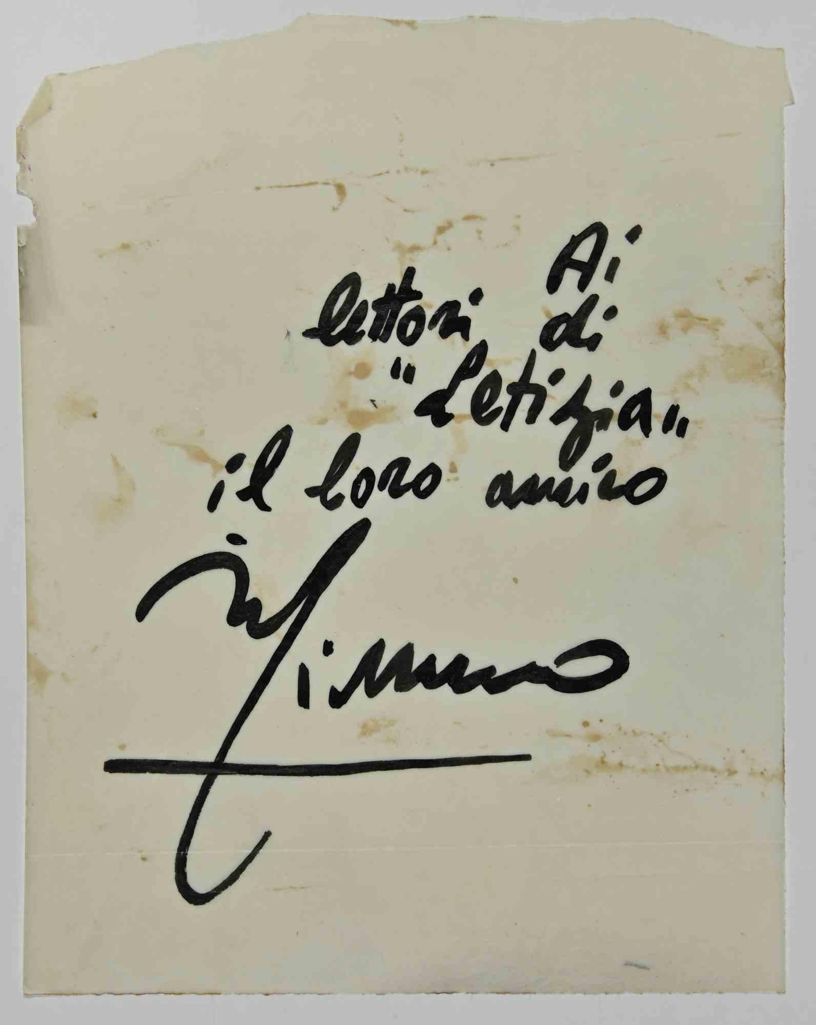 Autograph- To the readers of "Letizia" is an autograph by the italian singer Domenico "Mimmo" Modugno, author of the famous song "volare". On transparent paper, realized in the 1970s.

Hand-signed.

Good conditions with aged margins and cutting.