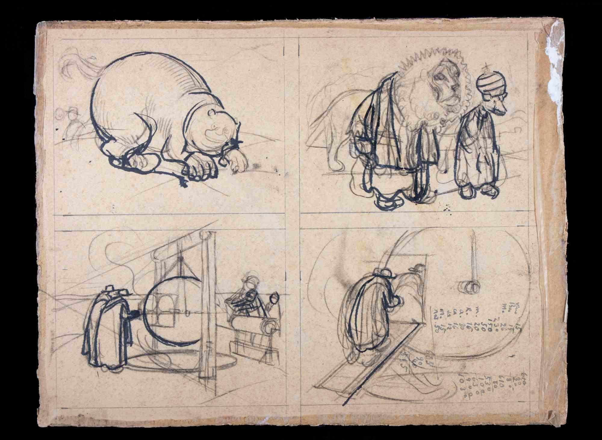 Sketches is a drawing artwork realized by Alexandre Lagrant in the early 20th Century

Pencil and ink drawing on paper.

The state of preservation is good with some foxing, folding, and aged margins.

The artwork is represented through deft strokes.