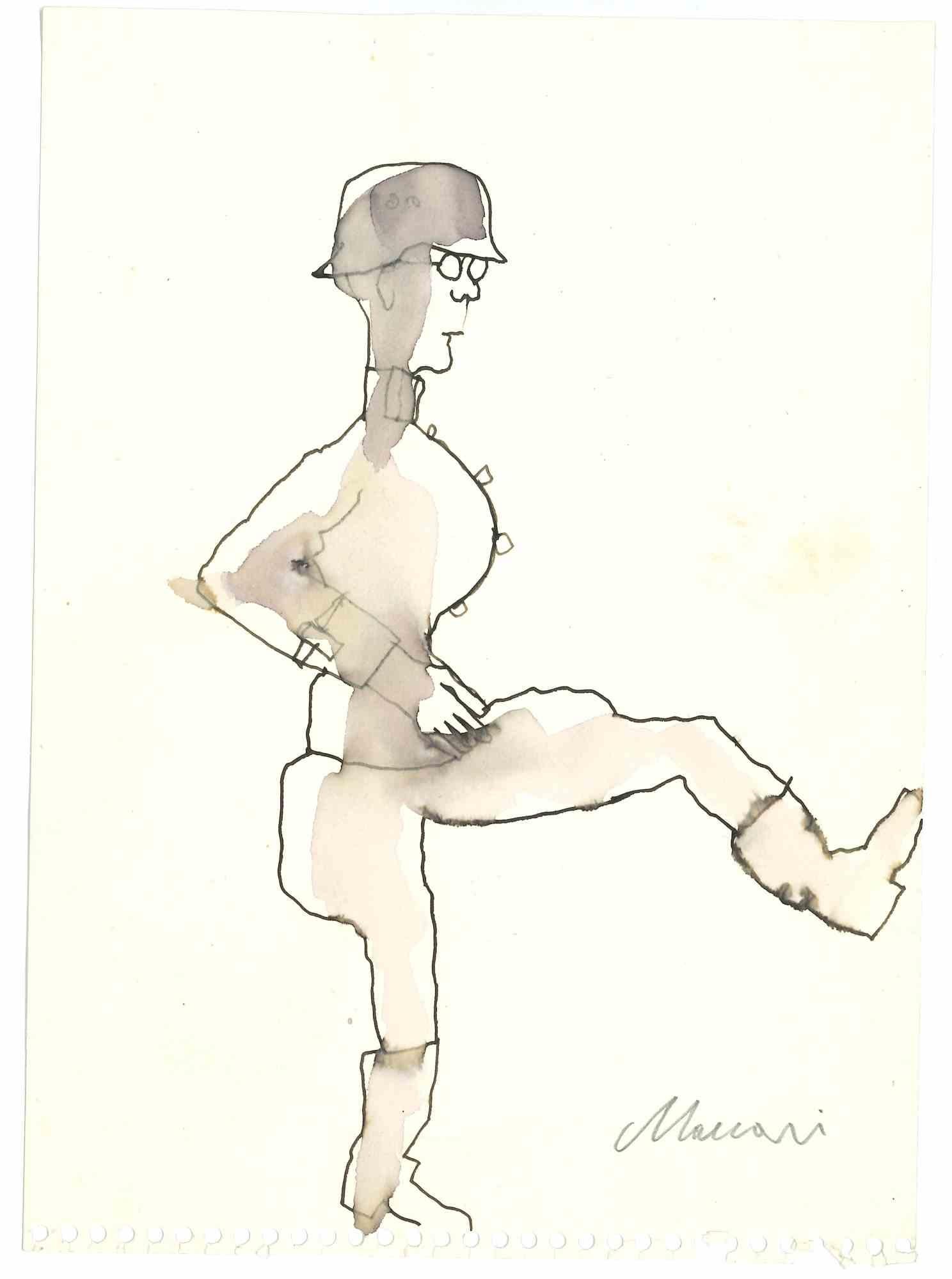 Soldier is an ink and watercolor drawing realized by Mino Maccari  (1924-1989) in the Mid-20th Century.

Hand-signed.

Good conditions with slight foxing.

Mino Maccari (Siena, 1924-Rome, June 16, 1989) was an Italian writer, painter, engraver and