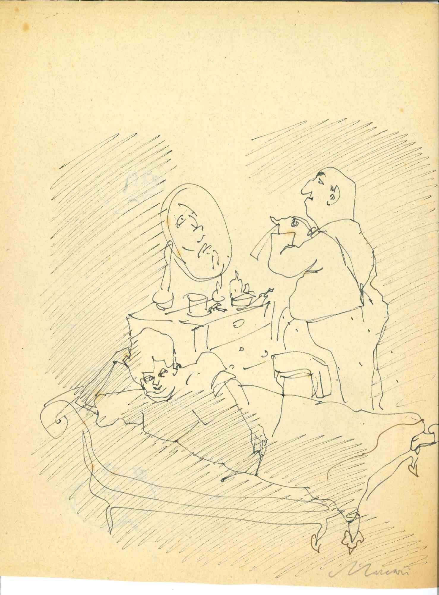 Dressing est un dessin à l'encre de Chine réalisé par Mino Maccari (1924-1989) au milieu du 20e siècle.

Signé à la main.

Bon état avec de légères rousseurs.

Mino Maccari (Sienne, 1924-Rome, 16 juin 1989) est un écrivain, peintre, graveur et