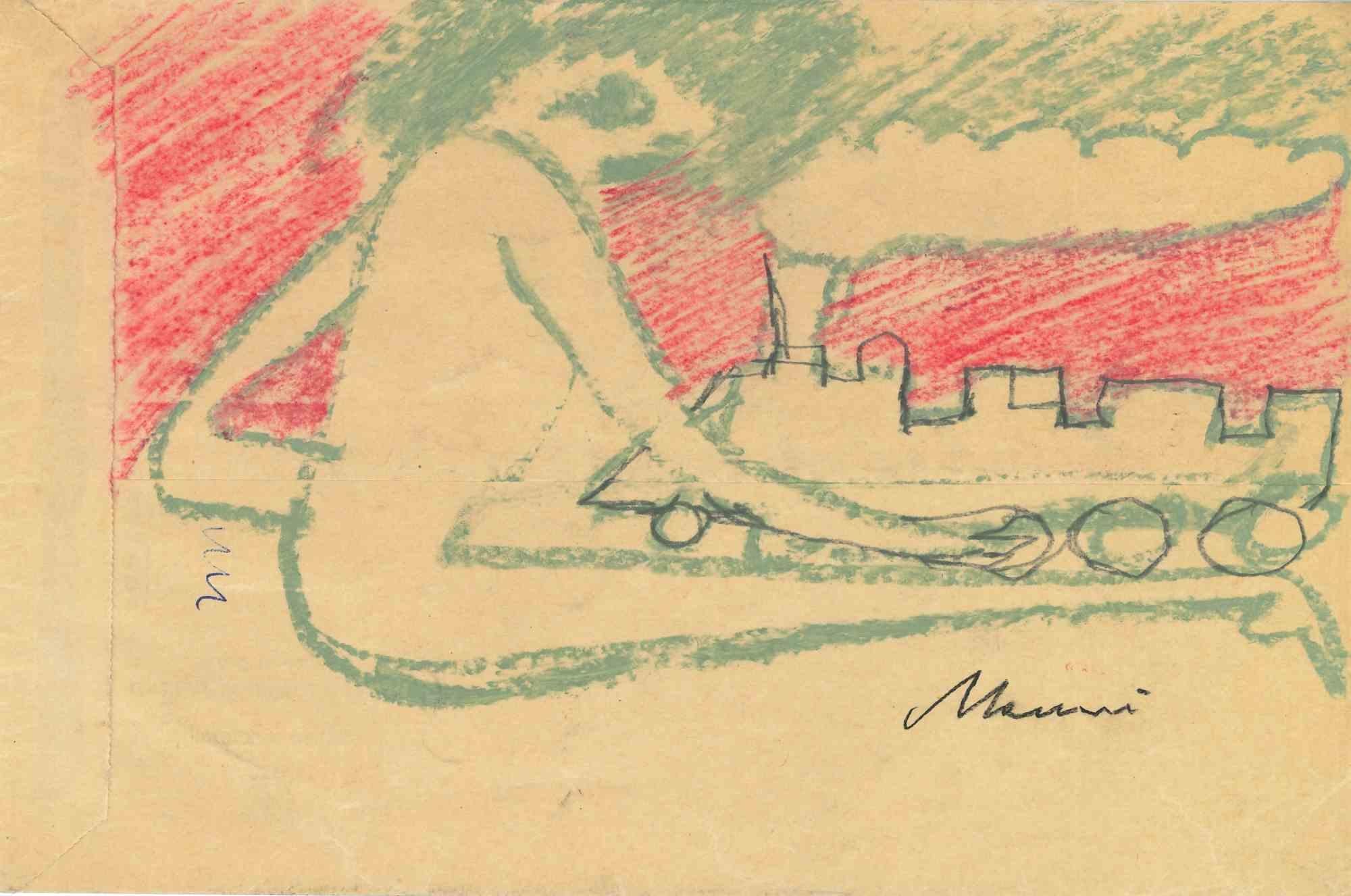 Tren - Dibujo de Mino Maccari - Mediados del siglo XX