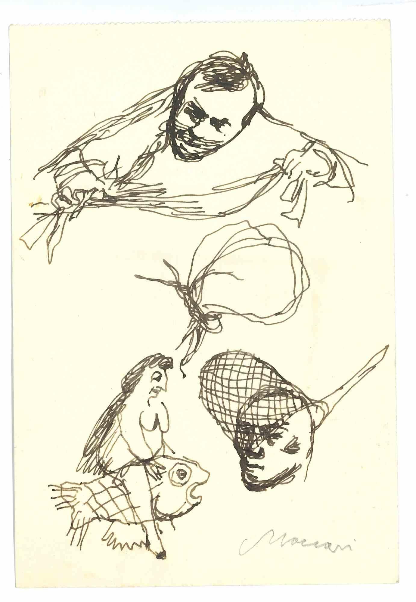 Figures - Drawing by Mino Maccari - Mid-20th Century
