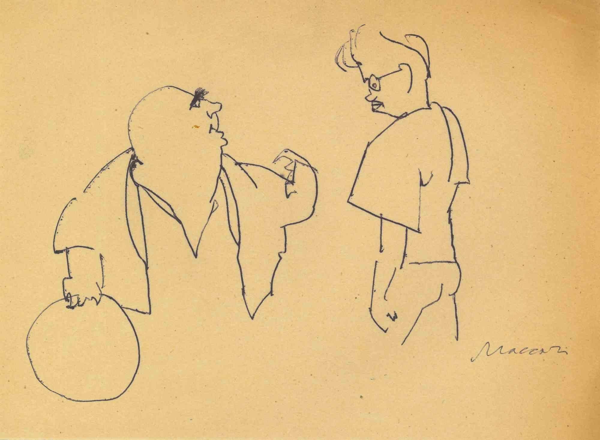 Conversation  is a china ink drawing Artwork realized by Mino Maccari  (1924-1989) in the Mid-20th Century.

Hand-signed.

Good conditions with slight foxing.

Mino Maccari (Siena, 1924-Rome, June 16, 1989) was an Italian writer, painter, engraver