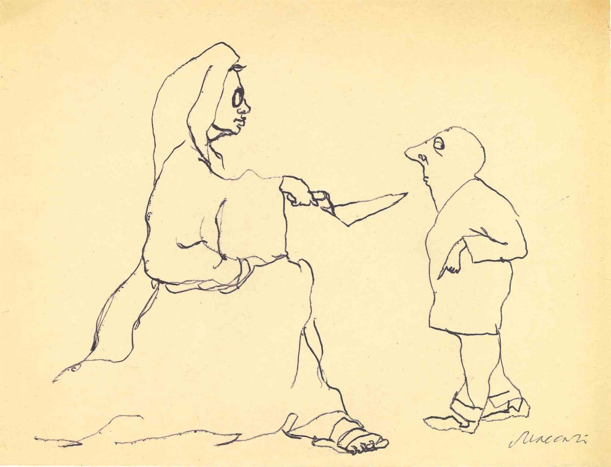 Figuren ist eine Tuschezeichnung von Mino Maccari (1924-1989) aus der Mitte des 20. Jahrhunderts.

Handsigniert.

Guter Zustand mit leichten Stockflecken.

Mino Maccari (Siena, 1924-Rom, 16. Juni 1989) war ein italienischer Schriftsteller, Maler,