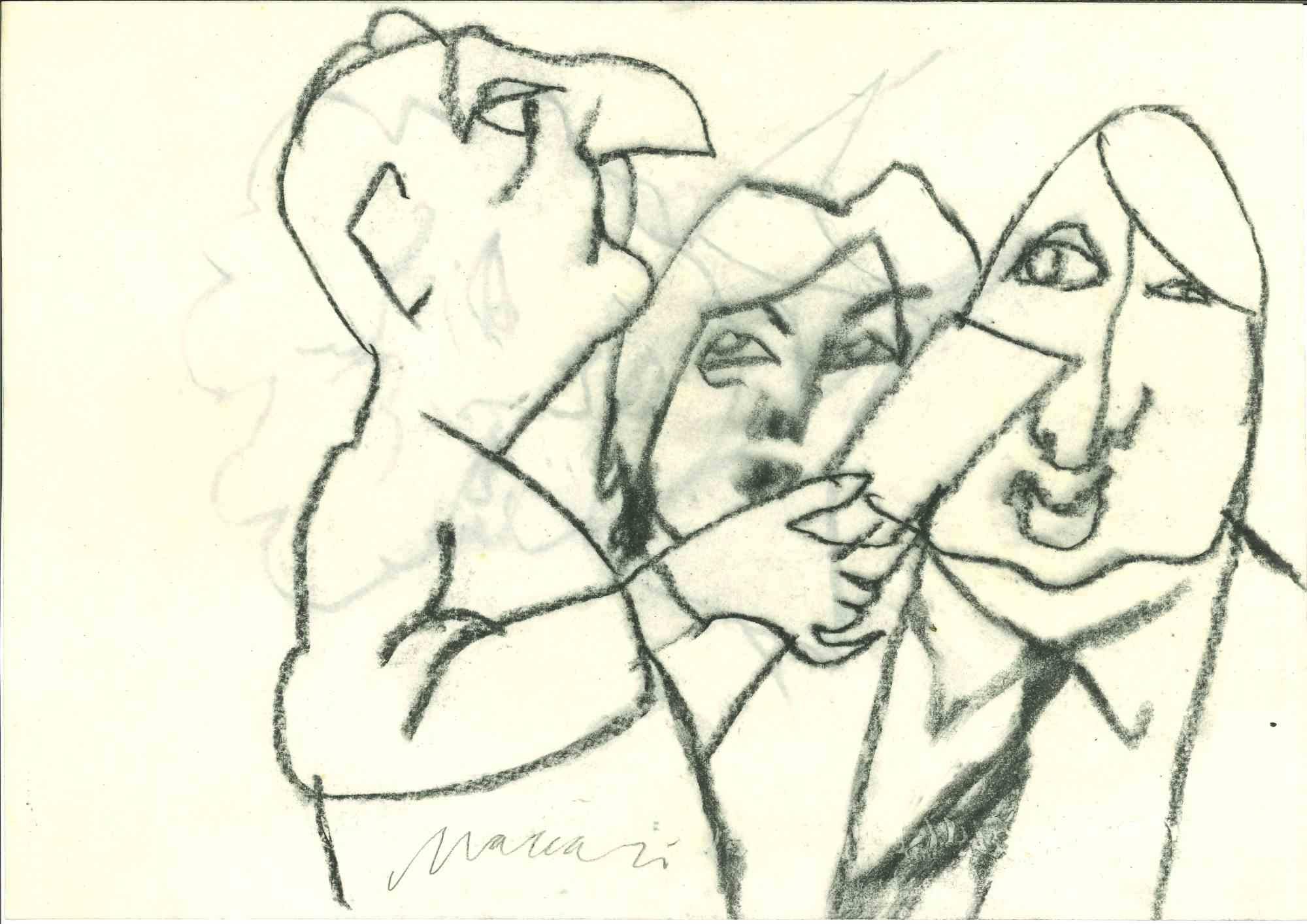 Figures - Dessin de Mino Maccari - Milieu du XXe siècle