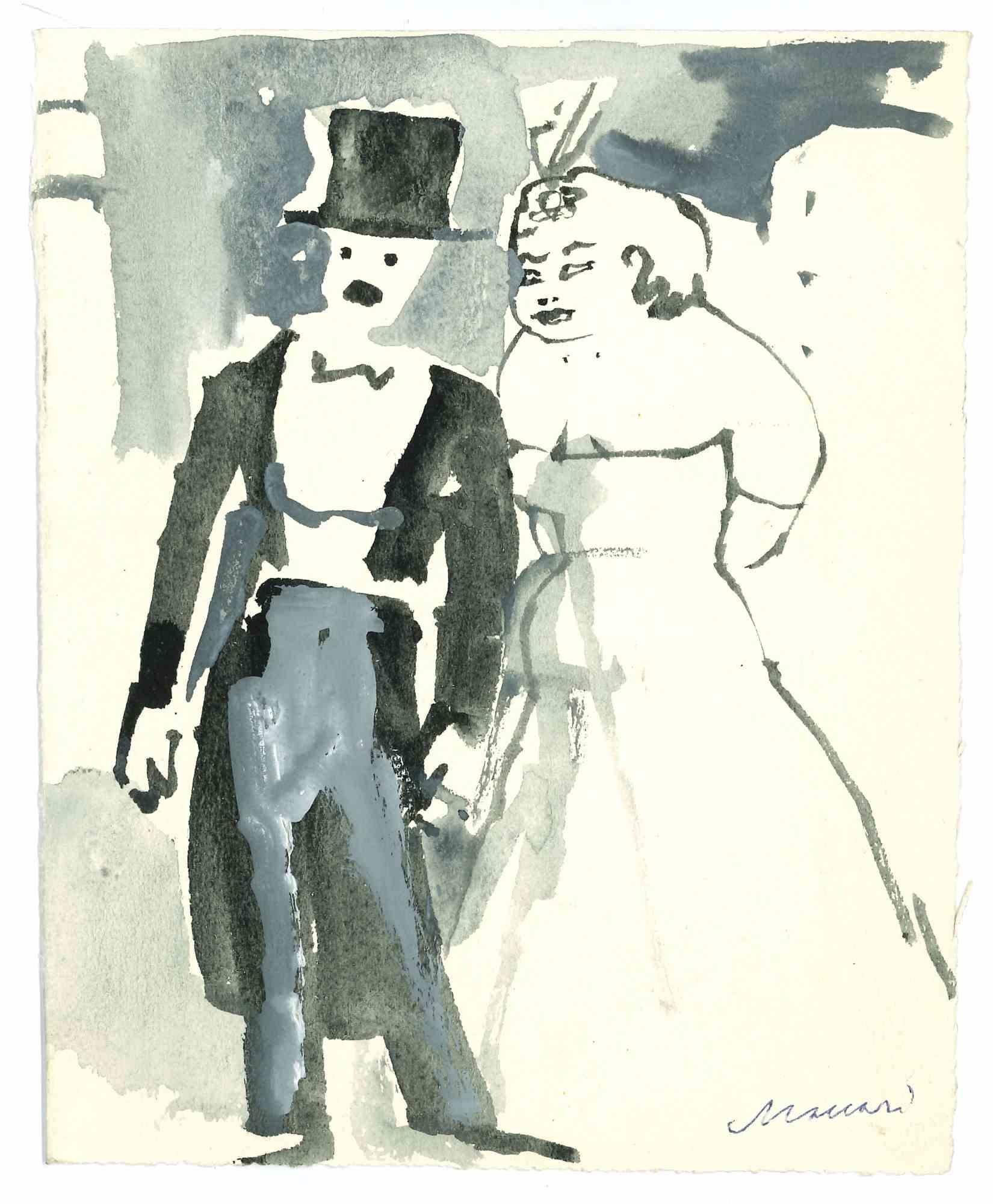 Couple is a charcoal and watercolor drawing realized by Mino Maccari  (1924-1989) in the Mid-20th Century.

Hand-signed.

Good conditions with slight foxing.

Mino Maccari (Siena, 1924-Rome, June 16, 1989) was an Italian writer, painter, engraver