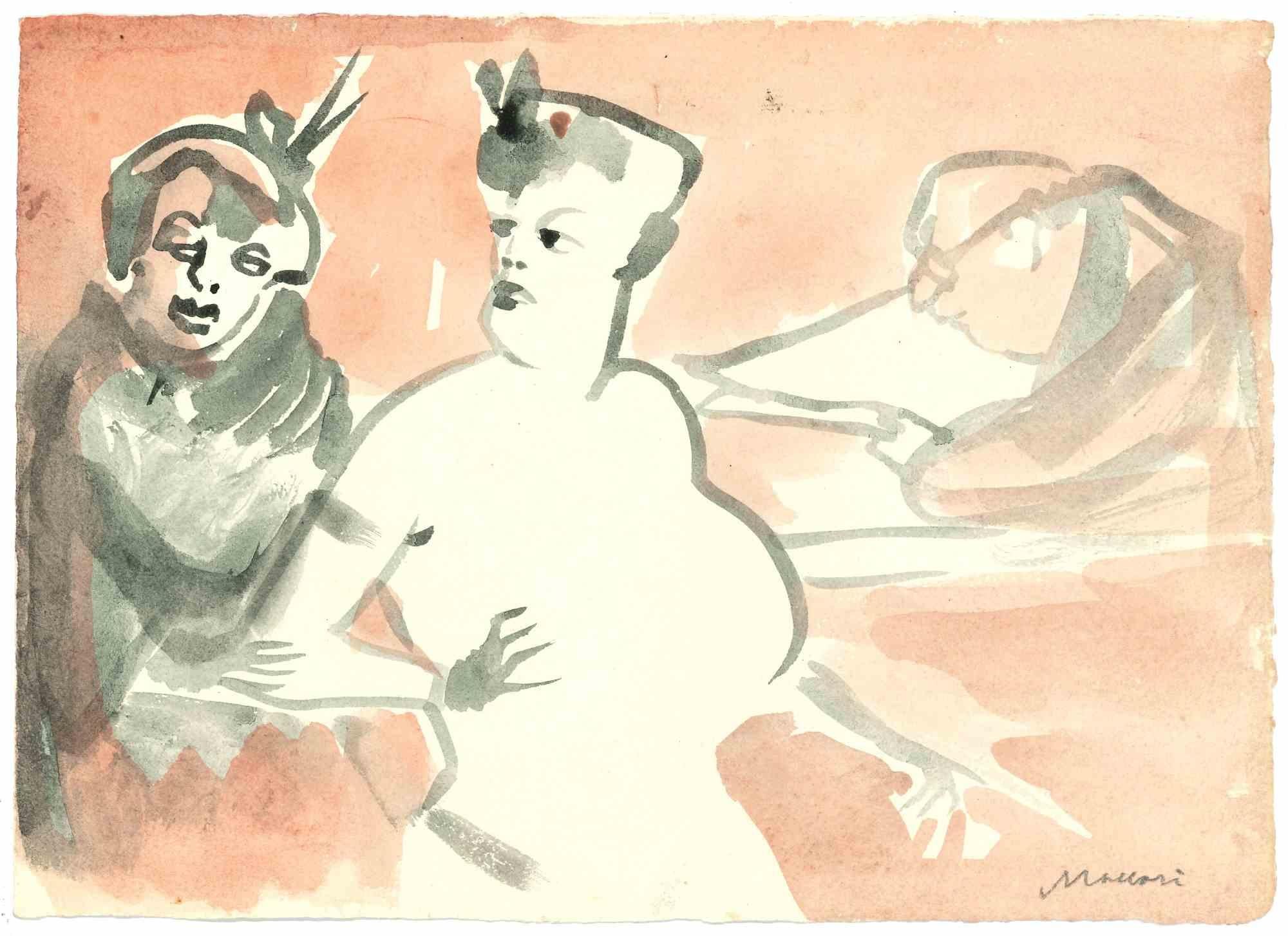 Figures is a watercolor drawing realized by Mino Maccari  (1924-1989) in the Mid-20th Century.

Hand-signed.

Good conditions with slight foxing.

Mino Maccari (Siena, 1924-Rome, June 16, 1989) was an Italian writer, painter, engraver and