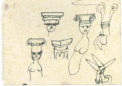 Statues – Zeichnung von Mino Maccari – Mitte des 20. Jahrhunderts