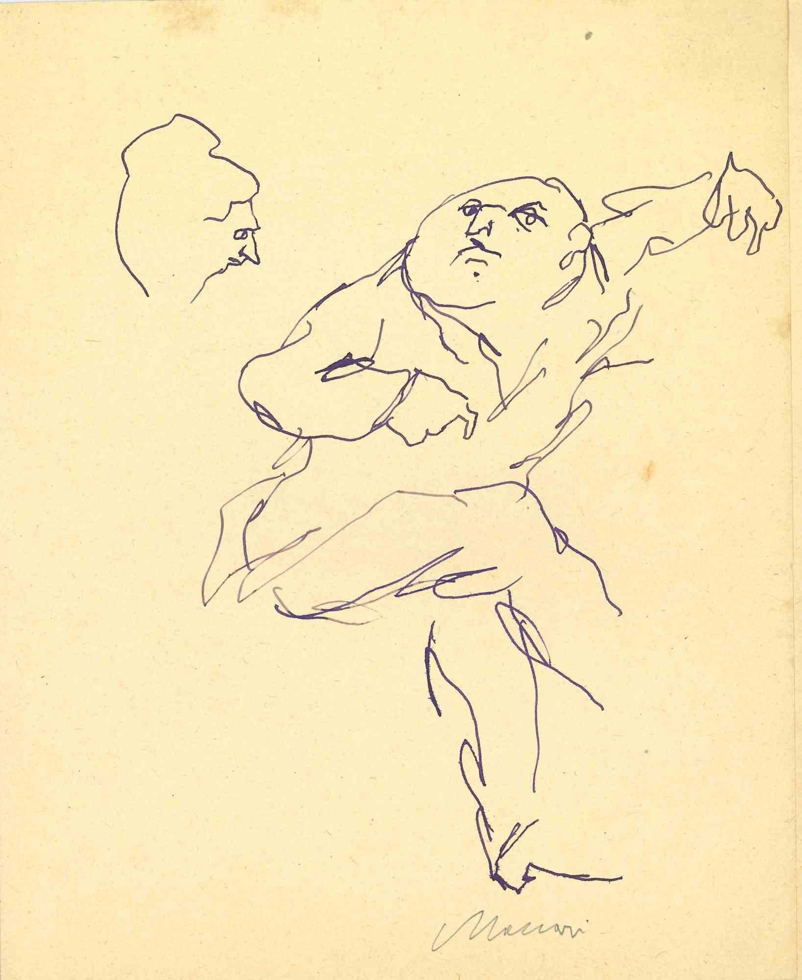 Cooking - Drawing by Mino Maccari - Mid-20th Century