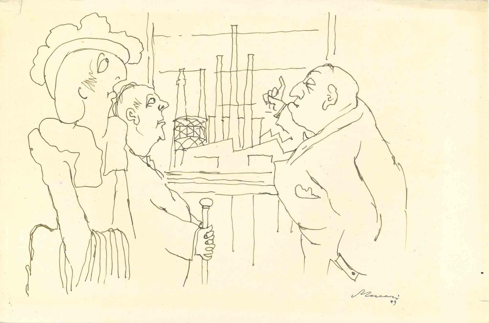 Conversation is a china ink drawing realized by Mino Maccari  (1924-1989) in the Mid-20th Century.

Hand-signed.

Good conditions with slight foxing.

Mino Maccari (Siena, 1924-Rome, June 16, 1989) was an Italian writer, painter, engraver and