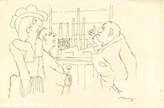 Konversation – Zeichnung von Mino Maccari – Mitte des 20. Jahrhunderts