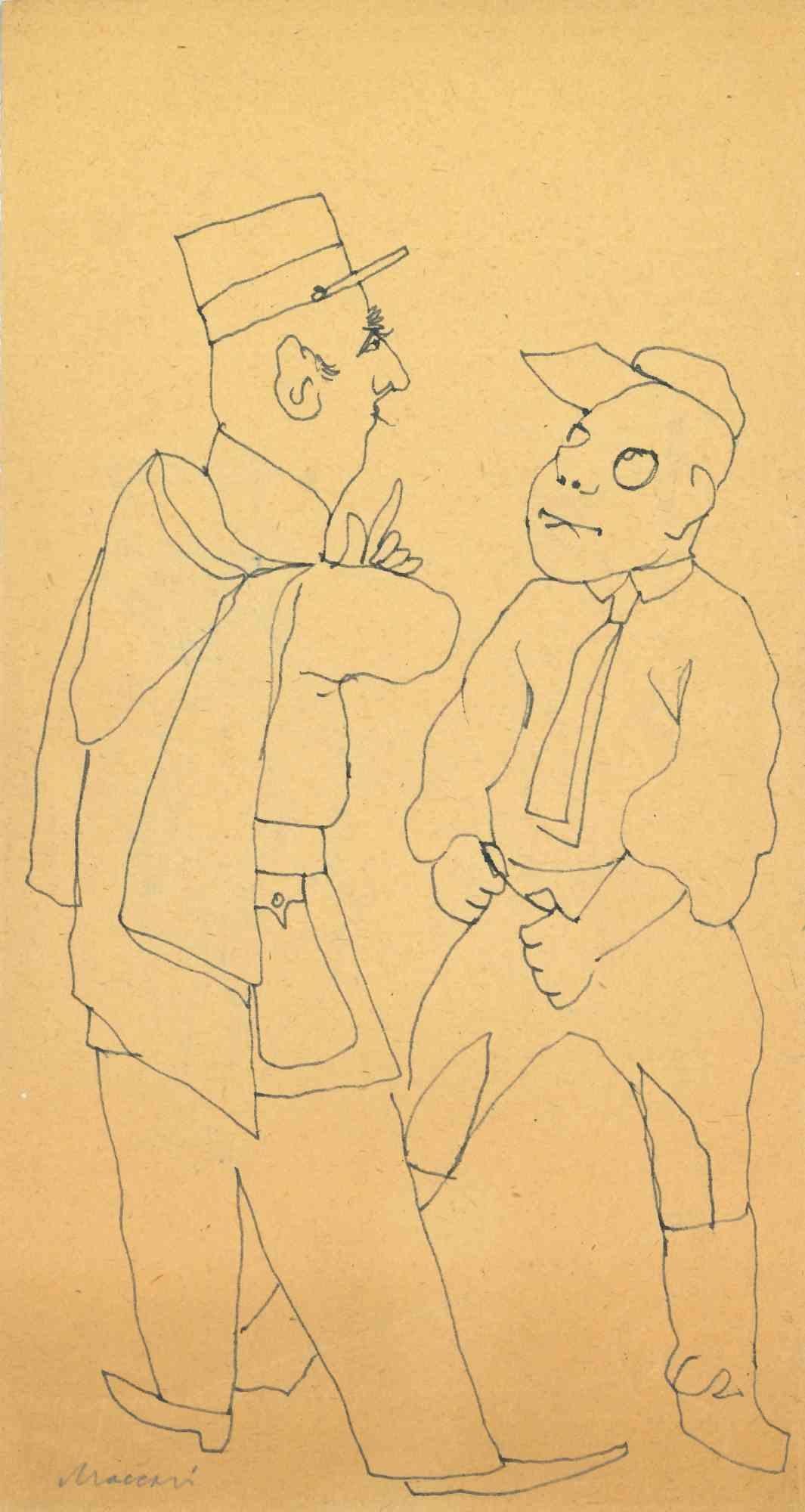 Conversation - Drawing by Mino Maccari - Mid-20th Century