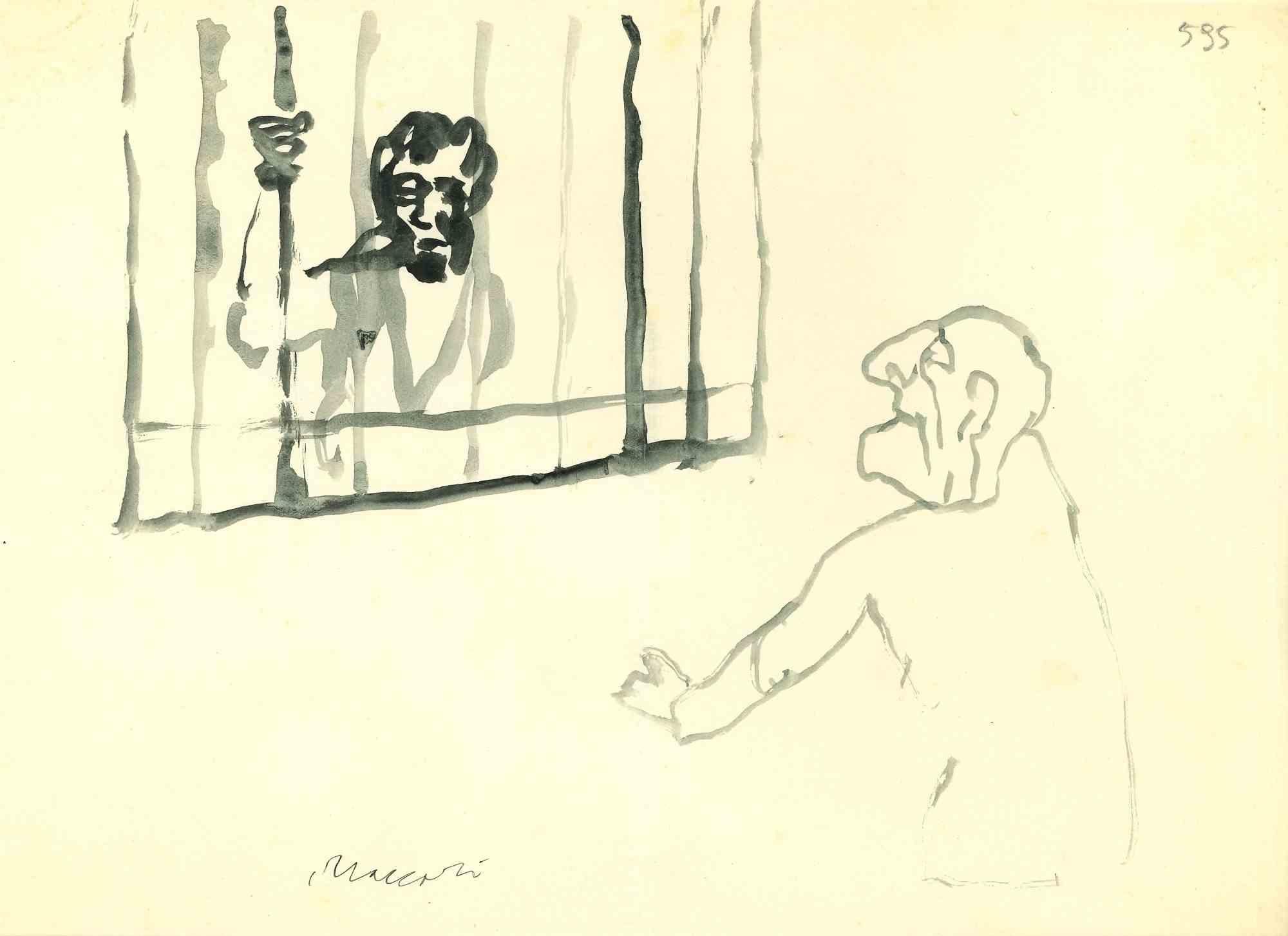 Conversation is a watercolor drawing realized by Mino Maccari  (1924-1989) in the Mid-20th Century.

Hand-signed.

Good conditions with slight foxing.

Mino Maccari (Siena, 1924-Rome, June 16, 1989) was an Italian writer, painter, engraver and