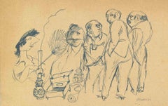 Vintage Gathering - Drawing by Mino Maccari - Mid-20th Century