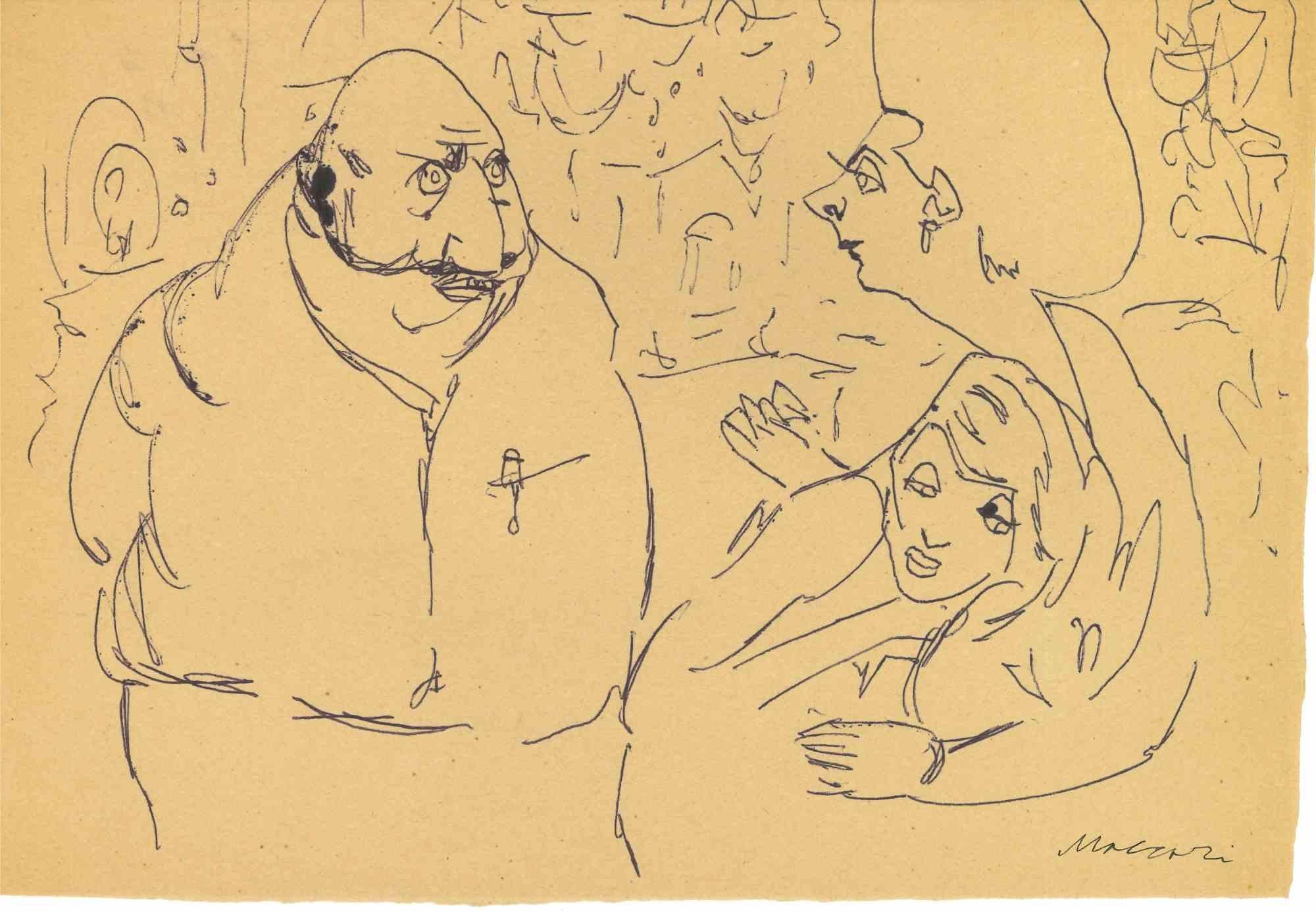 Conversation is a pen drawing Artwork realized by Mino Maccari  (1924-1989) in the Mid-20th Century.

Hand-signed.

Good conditions with slight foxing.

Mino Maccari (Siena, 1924-Rome, June 16, 1989) was an Italian writer, painter, engraver and