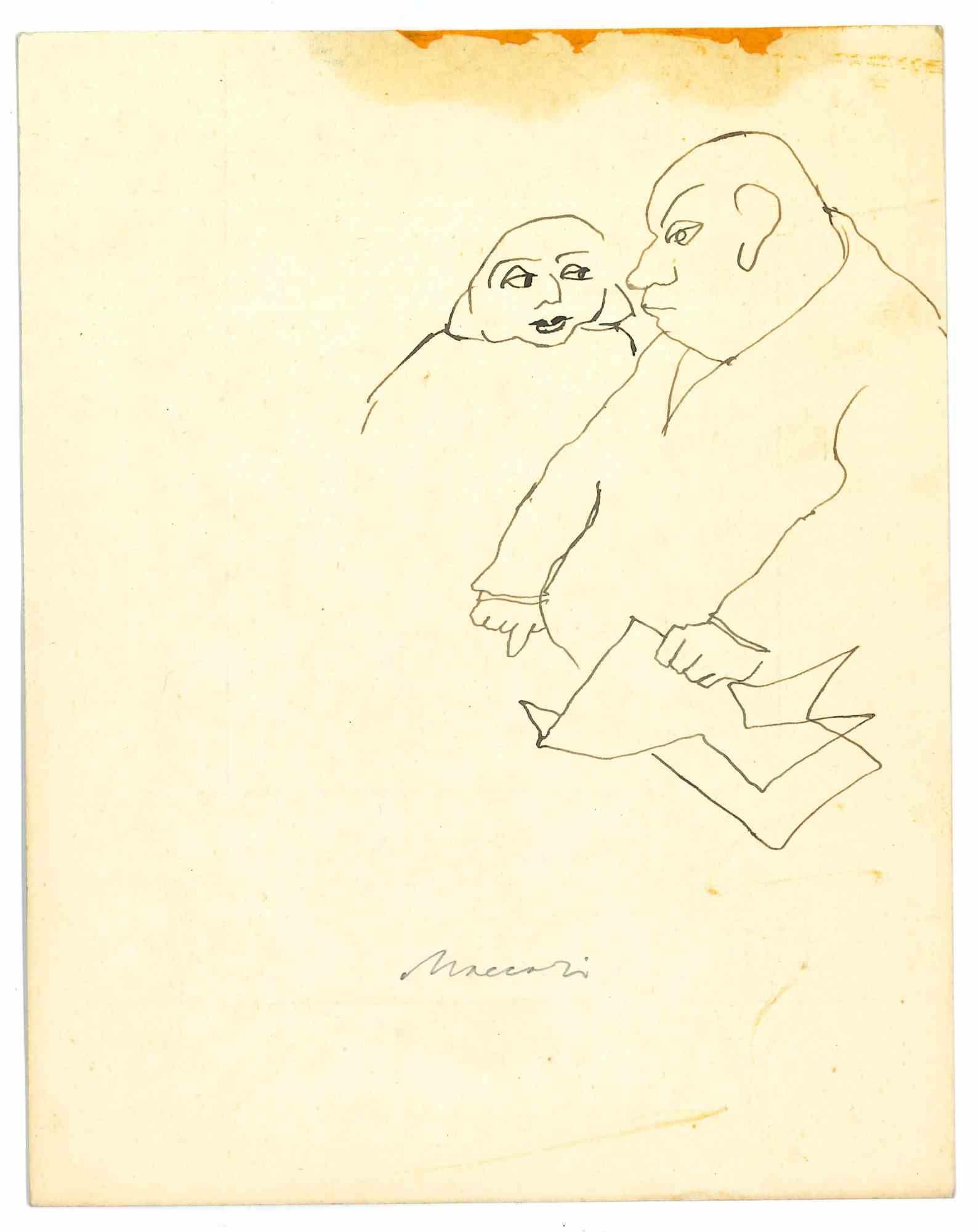 Conversation ist eine Porzellan-Tuschezeichnung von Mino Maccari (1924-1989) aus der Mitte des 20. Jahrhunderts.

Handsigniert.

Guter Zustand mit leichten Stockflecken.

Mino Maccari (Siena, 1924-Rom, 16. Juni 1989) war ein italienischer
