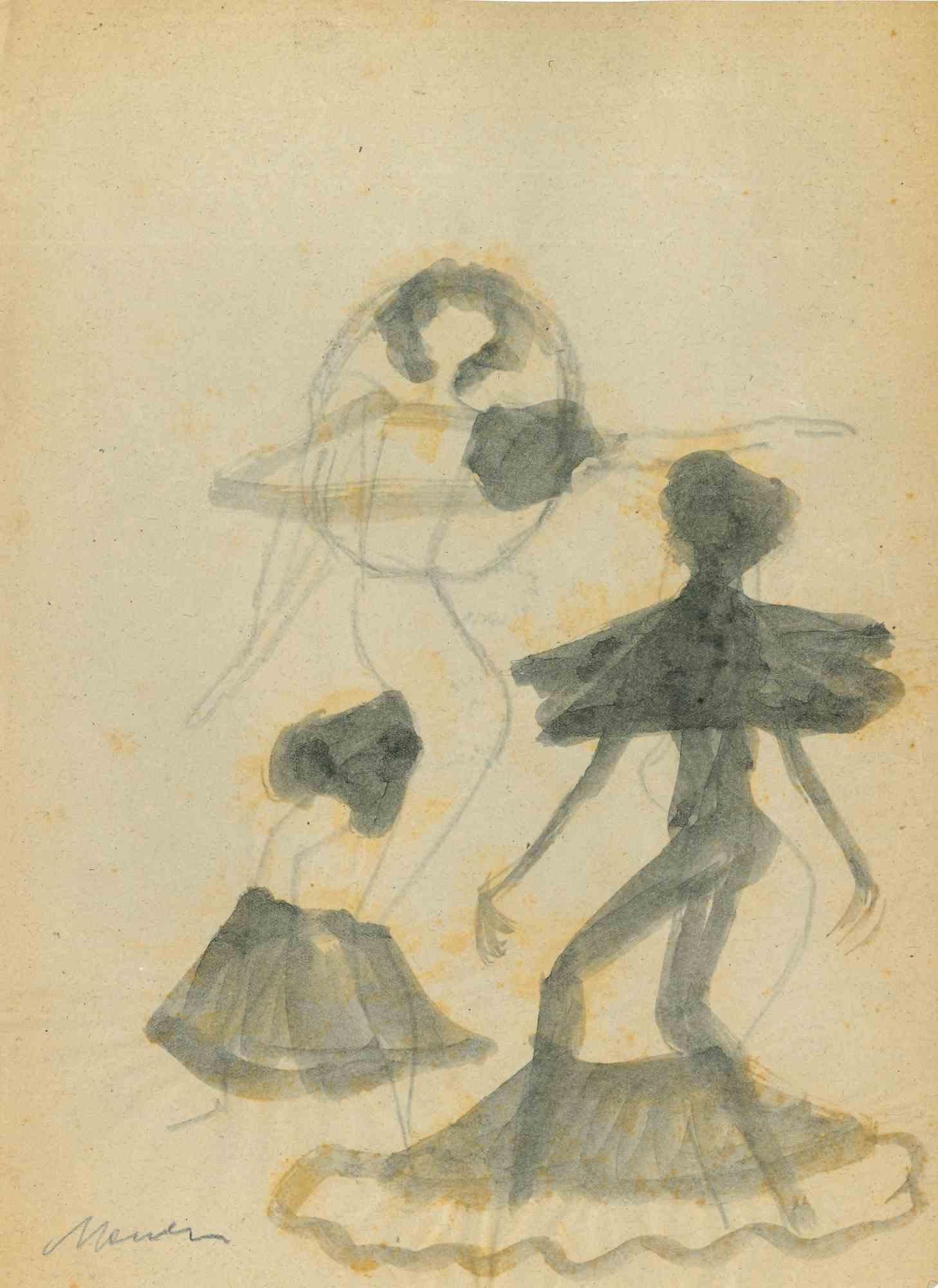 Dancers is a watercolor drawing realized by Mino Maccari  (1924-1989) in the Mid-20th Century.

Hand-signed.

Good conditions with slight foxing.

Mino Maccari (Siena, 1924-Rome, June 16, 1989) was an Italian writer, painter, engraver and