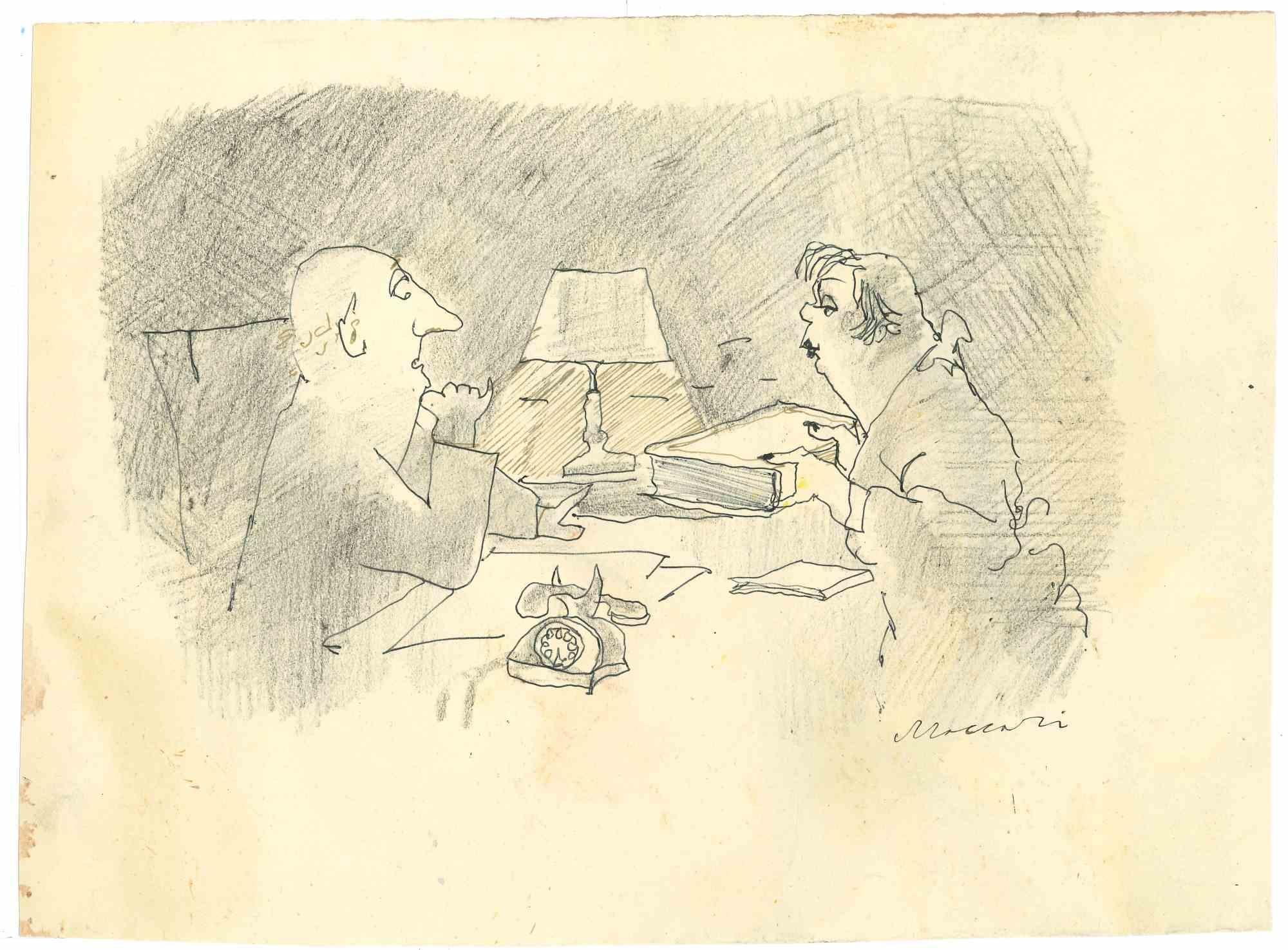 Reunión - Dibujo de Mino Maccari - Mediados del siglo XX en venta 1