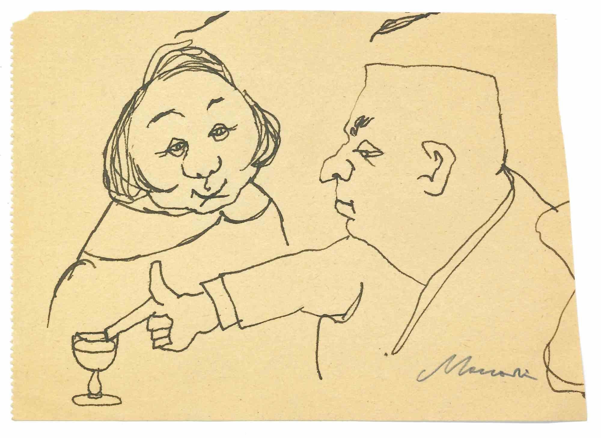 Trinken ist eine Porzellan-Tuschezeichnung von Mino Maccari (1924-1989) aus der Mitte des 20. Jahrhunderts.

Handsigniert.

Guter Zustand mit leichten Stockflecken.

Mino Maccari (Siena, 1924-Rom, 16. Juni 1989) war ein italienischer Schriftsteller,