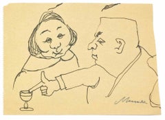 Vintage Drinking - Drawing by Mino Maccari - Mid-20th Century