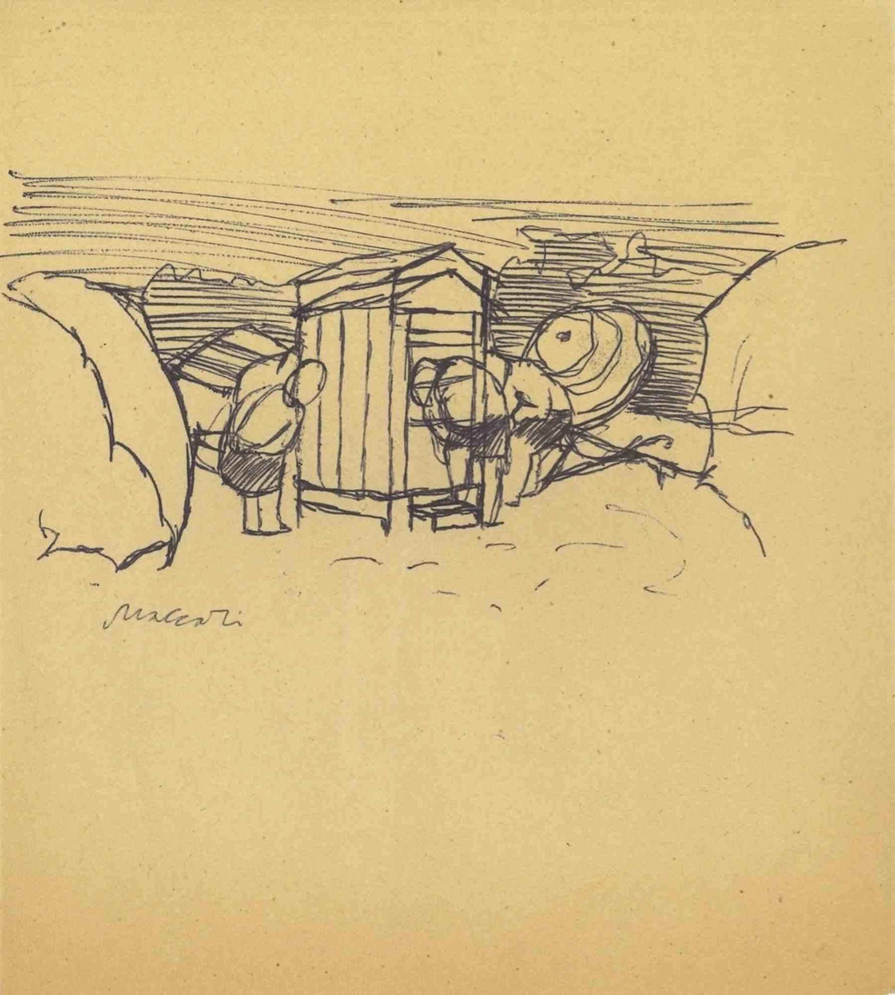 Village est un dessin à la plume réalisé par Mino Maccari (1924-1989) au milieu du 20e siècle.

Signé à la main.

Bon état avec de légères rousseurs.

Mino Maccari (Sienne, 1924-Rome, 16 juin 1989) est un écrivain, peintre, graveur et journaliste