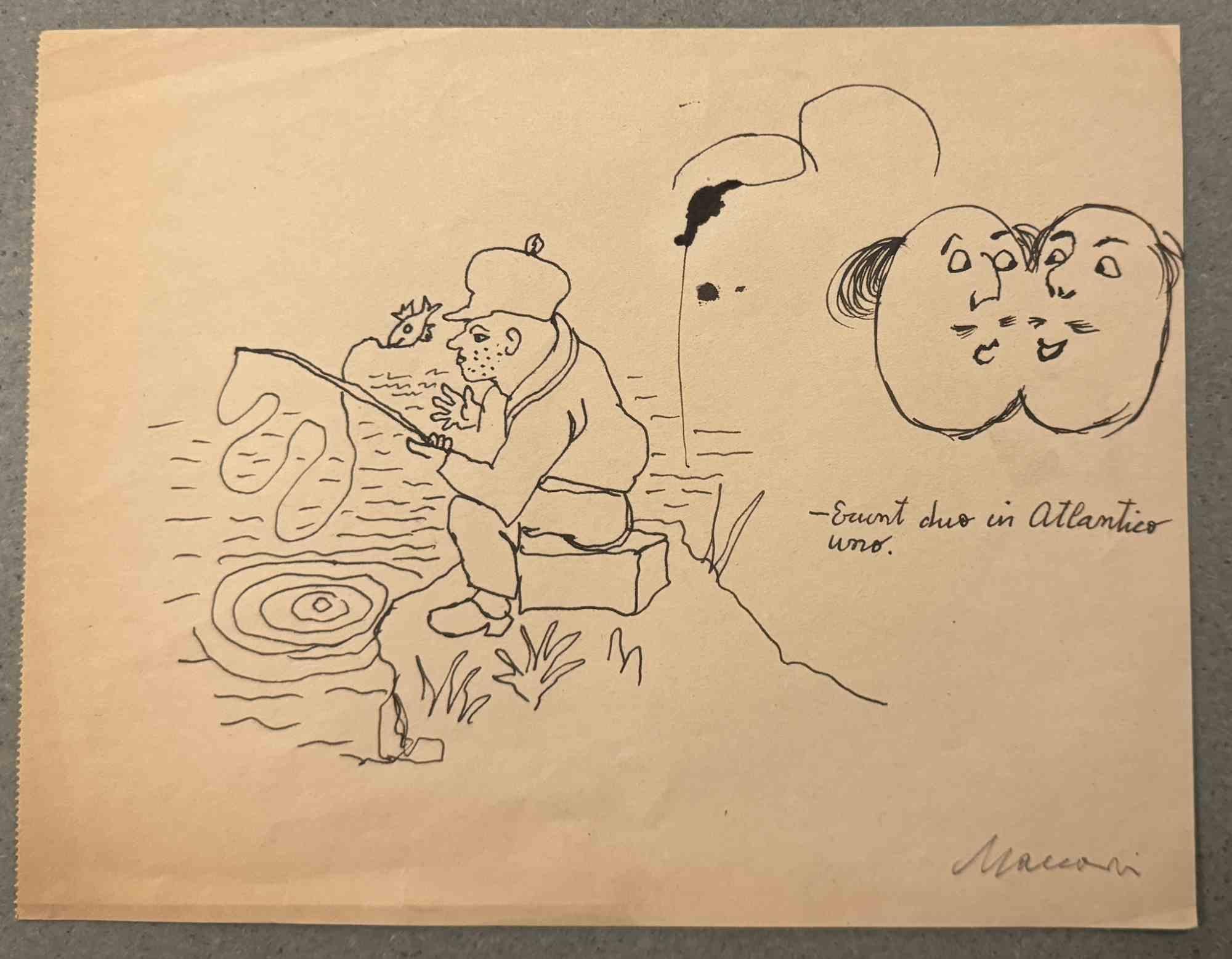 Fishing ist eine Tuschezeichnung von Mino Maccari (1924-1989) aus der Mitte des 20. Jahrhunderts.

Handsigniert.

Guter Zustand mit leichten Stockflecken.

Mino Maccari (Siena, 1924-Rom, 16. Juni 1989) war ein italienischer Schriftsteller, Maler,