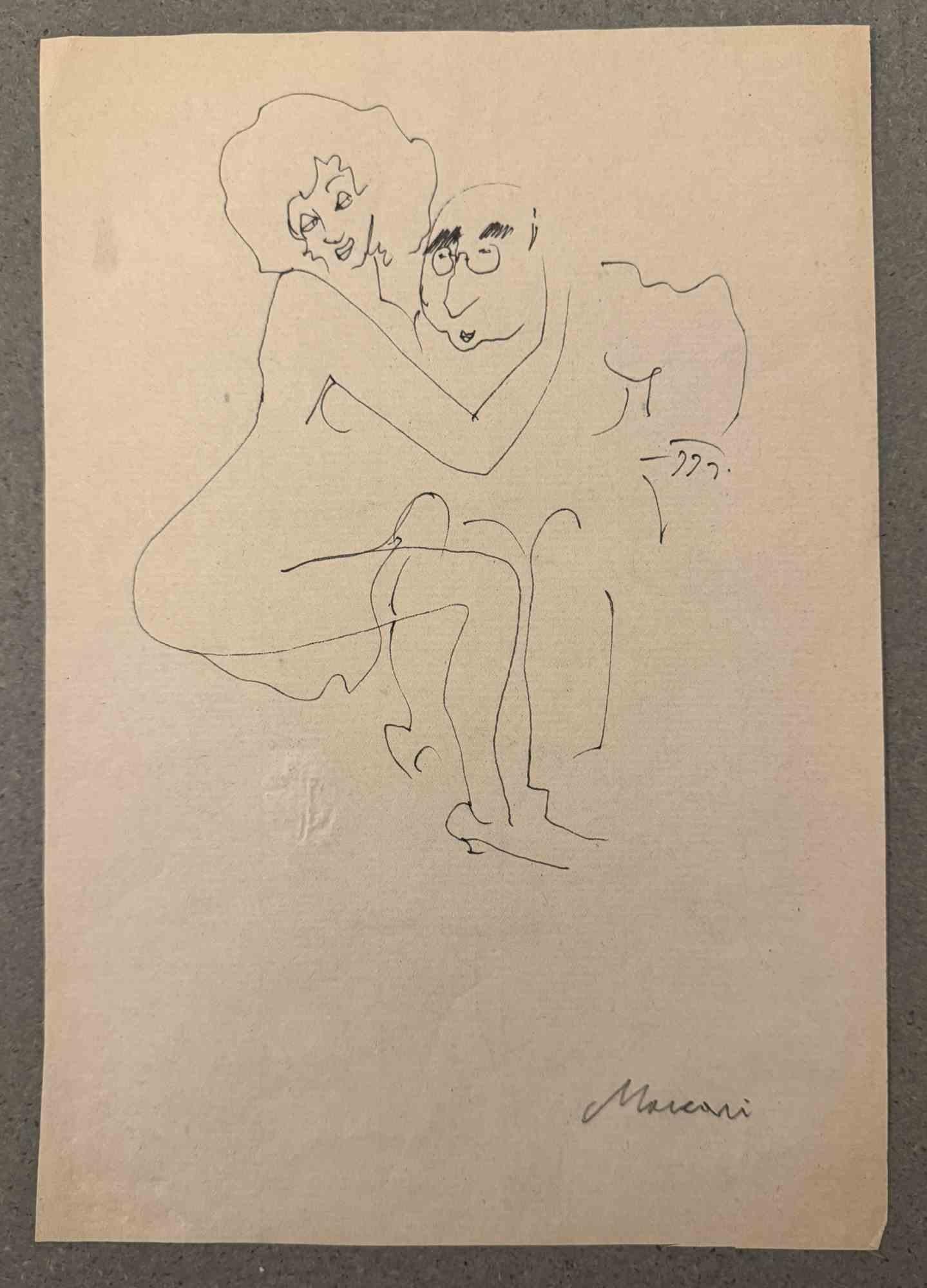 Hugging is a china ink drawing realized by Mino Maccari  (1924-1989) in the Mid-20th Century.

Hand-signed.

Good conditions with slight foxing.

Mino Maccari (Siena, 1924-Rome, June 16, 1989) was an Italian writer, painter, engraver and journalist,