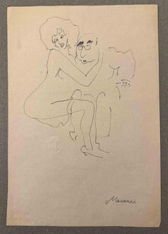 Hugging - Drawing by Mino Maccari - Mid-20th Century