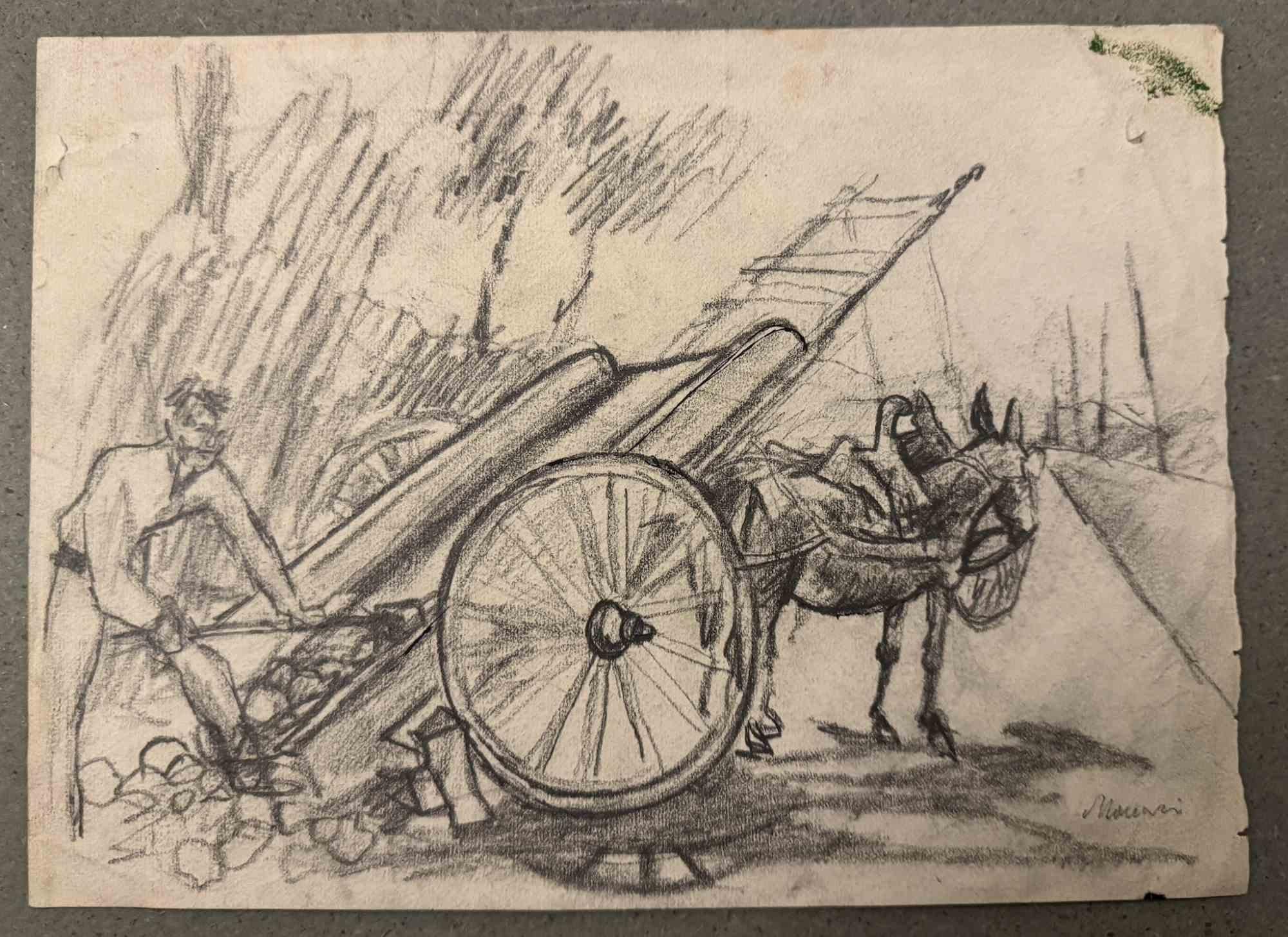 Carriage is a charcoal drawing realized by Mino Maccari  (1924-1989) in the Mid-20th Century.

Hand-signed.

Good conditions with slight foxing.

Mino Maccari (Siena, 1924-Rome, June 16, 1989) was an Italian writer, painter, engraver and journalist,