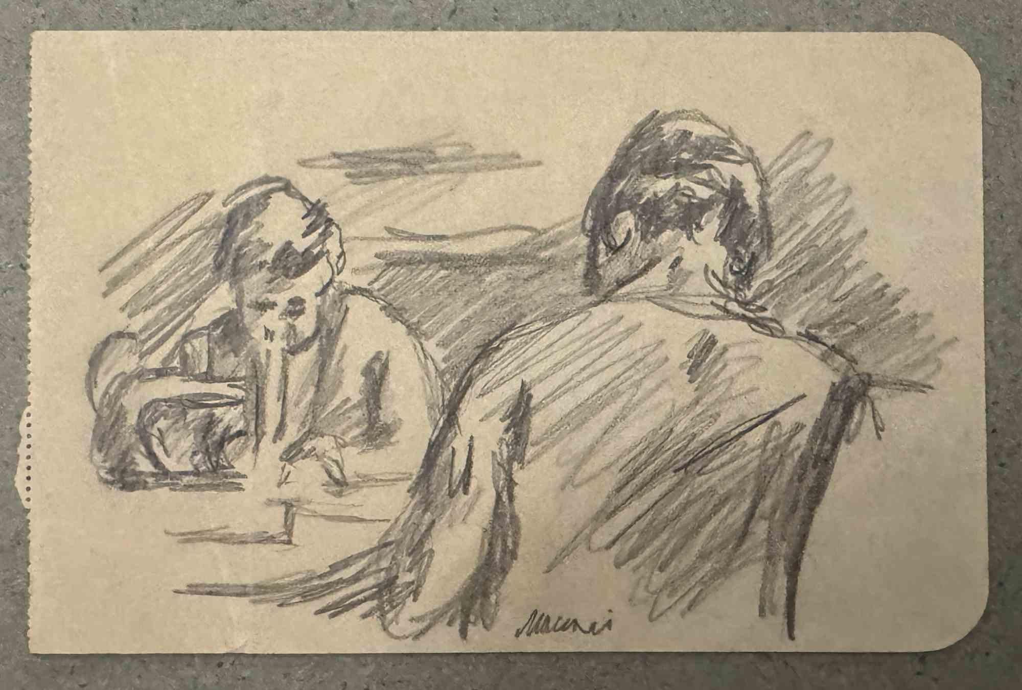 Meeting est un dessin au fusain réalisé par Mino Maccari (1924-1989) au milieu du 20e siècle.

Signé à la main.

Bon état avec de légères rousseurs.

Mino Maccari (Sienne, 1924-Rome, 16 juin 1989) est un écrivain, peintre, graveur et journaliste
