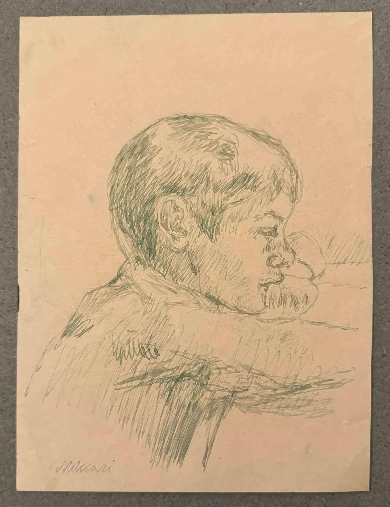 Portrait is a green pen drawing realized by Mino Maccari  (1924-1989) in the Mid-20th Century.

Hand-signed.

Good conditions with slight foxing.

Mino Maccari (Siena, 1924-Rome, June 16, 1989) was an Italian writer, painter, engraver and