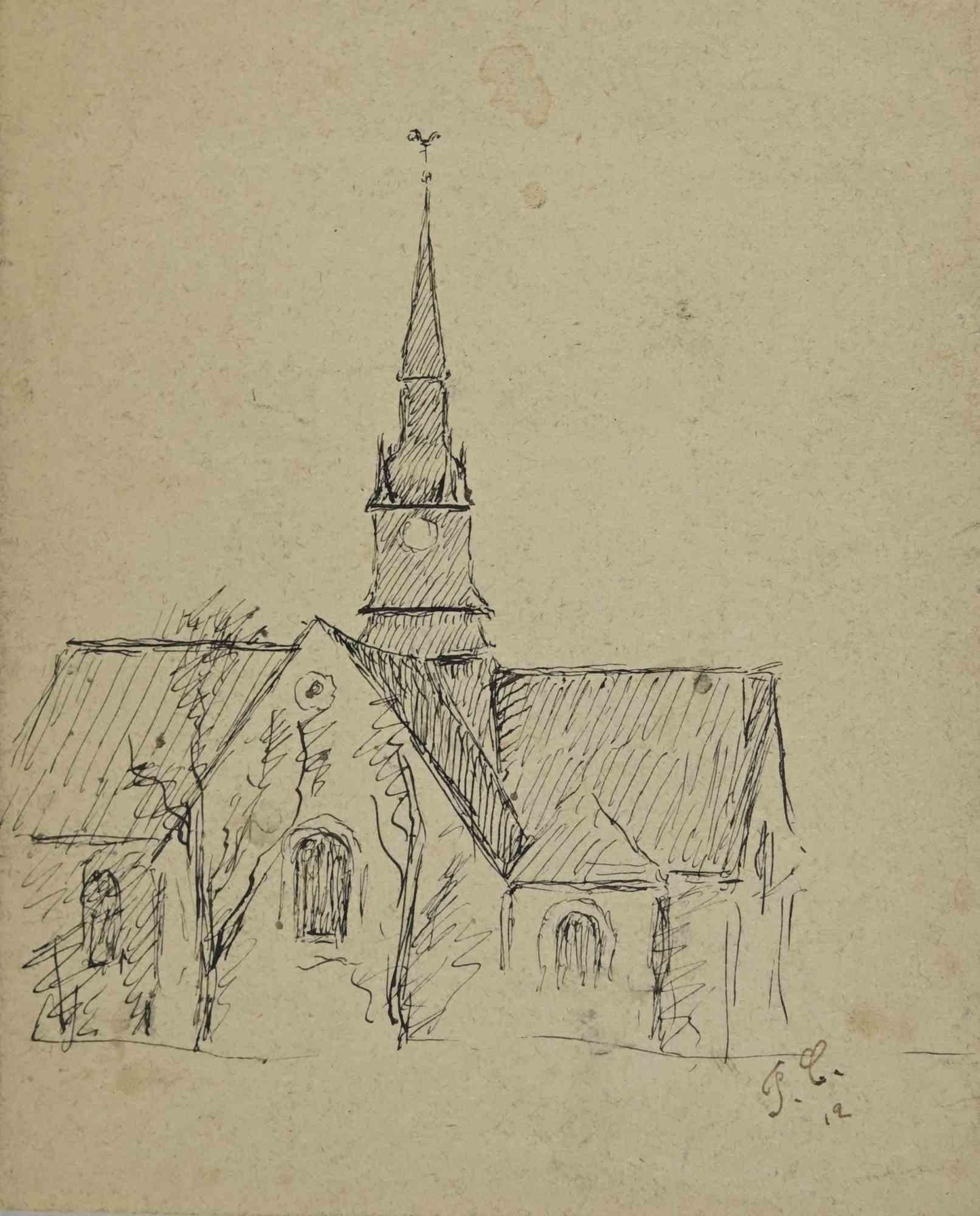 The Church – Zeichnung von Joseph Alexander Colin – Mitte des 20. Jahrhunderts