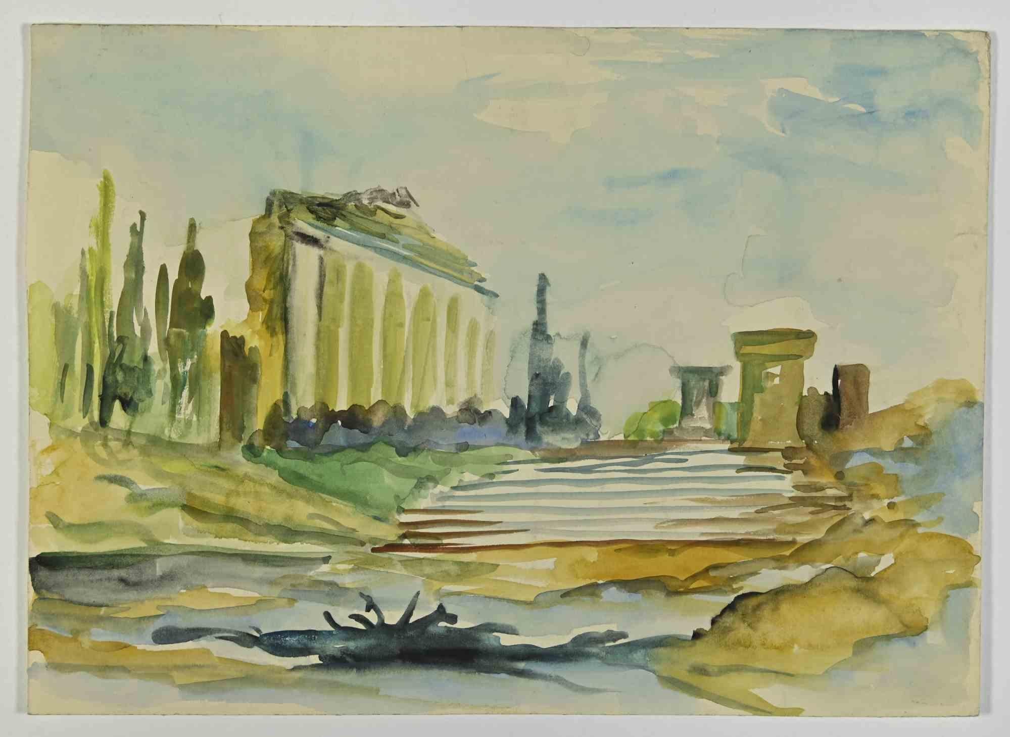 Ruines anciennes - Dessin de Marcel Guillard - Début du 20e siècle
