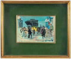 Scène avec personnages et chariots - peinture à l'huile - début du 20e siècle