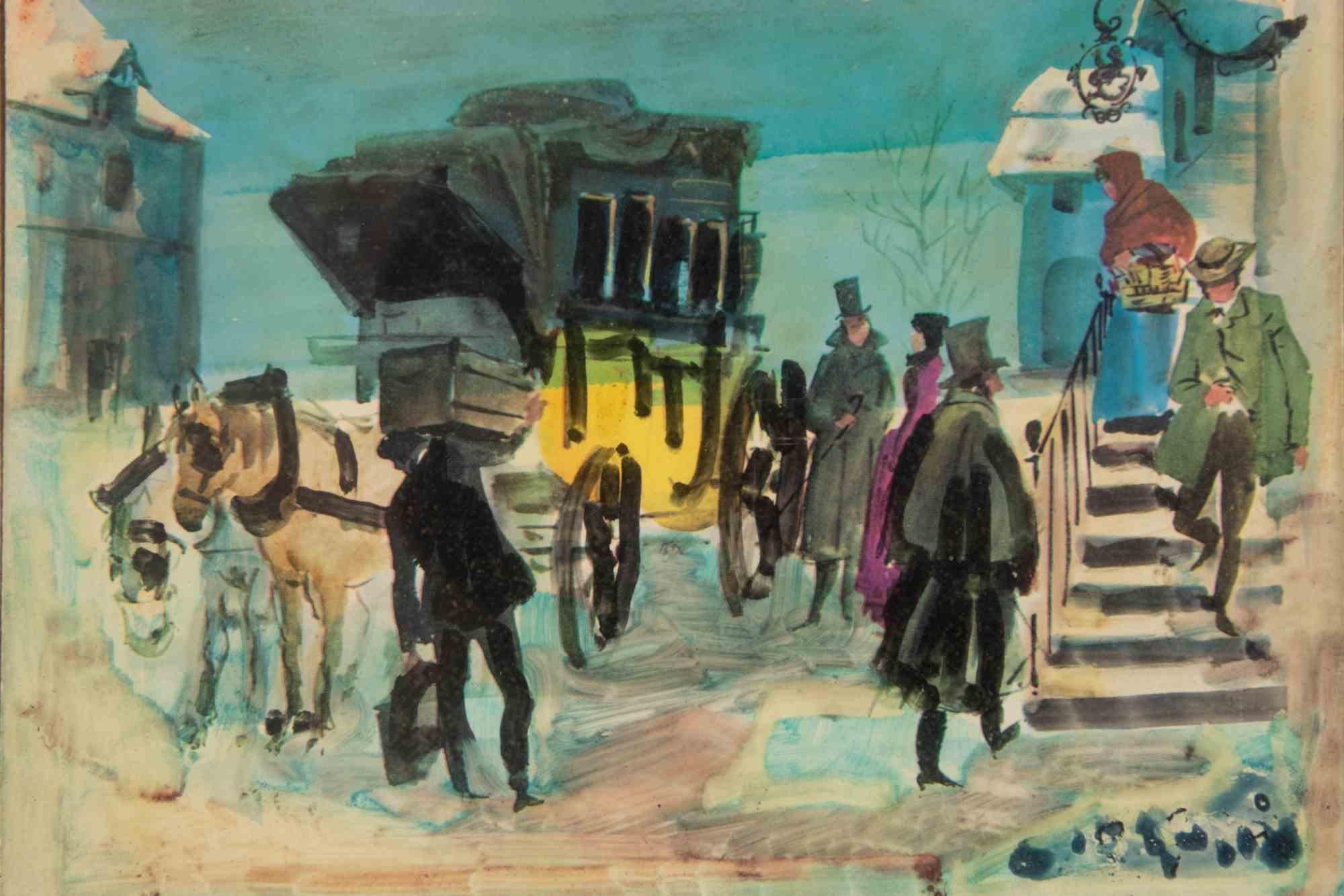 Scène avec personnages et chariots - peinture à l'huile - début du 20e siècle - Art de Unknown