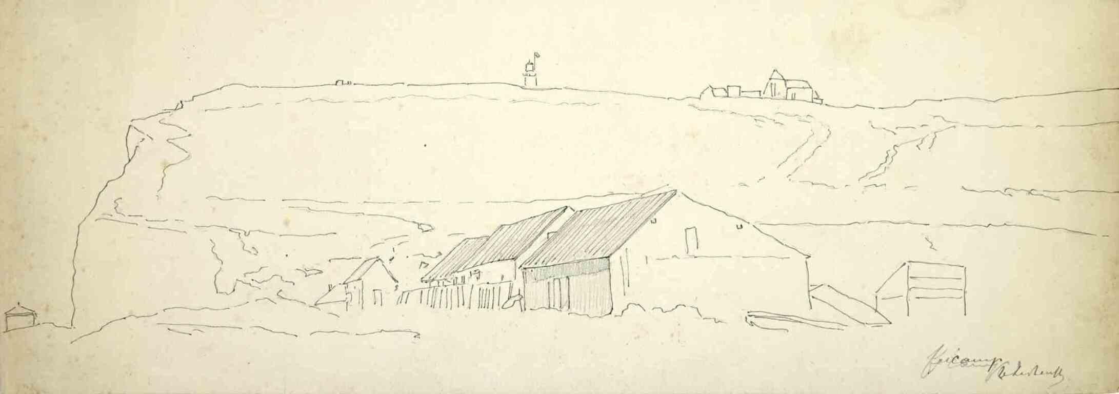 Paysage - Dessin de Jaques Hesvalle - Milieu du 20e siècle