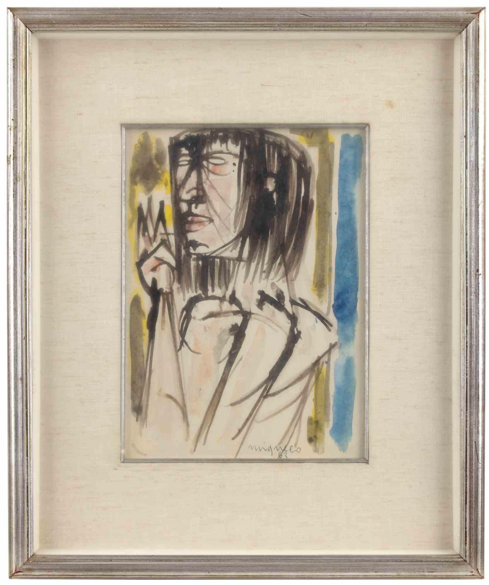 Portrait is a contemporary artwork realized by Giuseppe Migneco in 1963.

Watercolor drawing on paper.

Hand signed and dated on the lower margin.

Includes frame