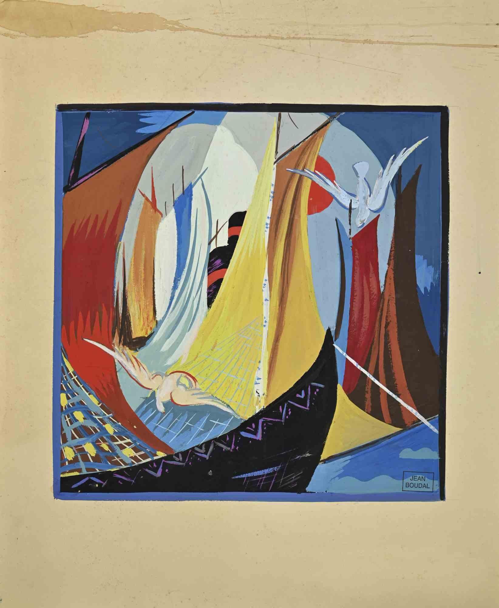 Jean Boudal  Figurative Art - Boats  - Drawing by J. Boudal - Mid-20th Century