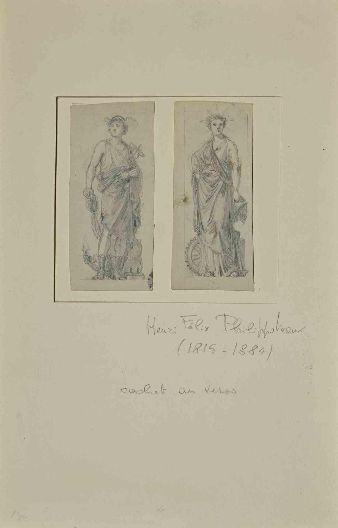 Statue is a drawing realized by Henri Felix Philippoteaux in the Mid-19th Century.

Tempera and watercolor on paper.

Good conditions with slight foxing.

The artwork is realized through deft expressive strokes.