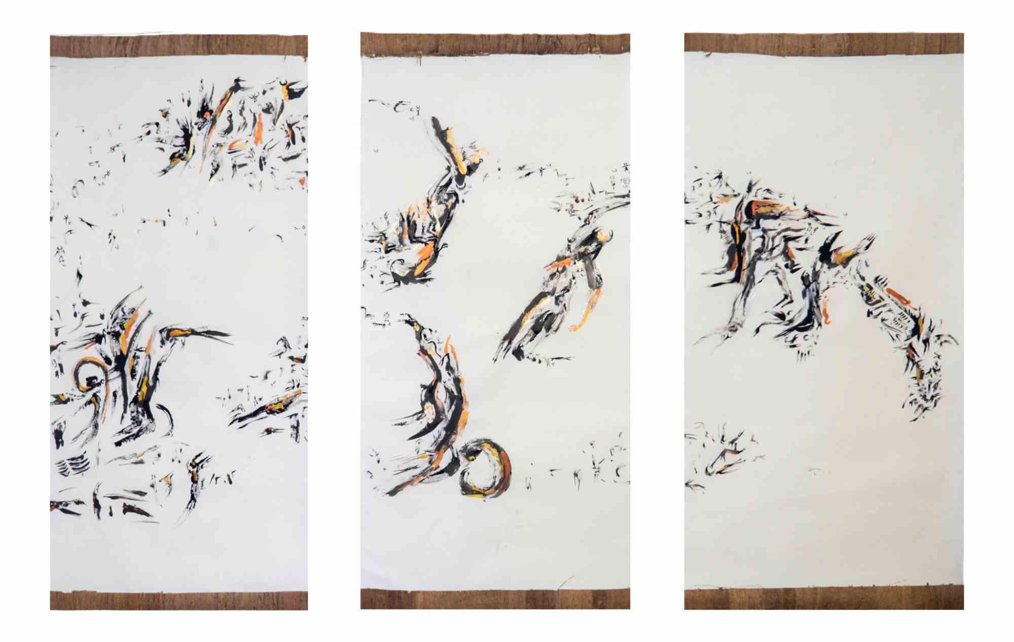 Cielo, Futuro, De la serie "Pasado, Ahora, Futuro" es un dibujo original realizado por la artista y poetisa iraní Parimah Avani en 2023.

Tinta china, acrílico y técnica mixta sobre papel Washi Lokta del Himalaya con papel Tengujo Kashmir aplicado y