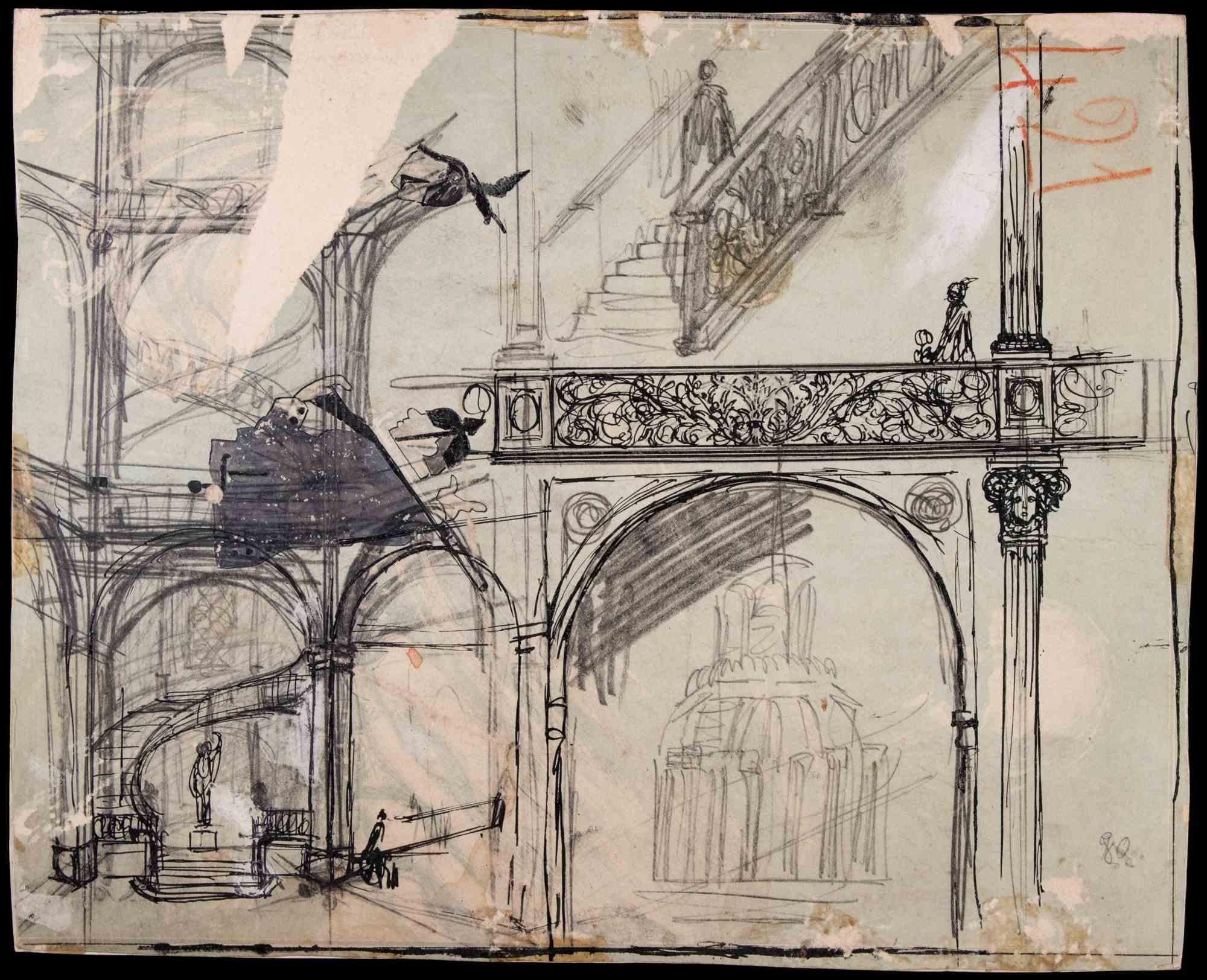 Interior Architecture - Drawing by Gabriele Galantara - Early 20th Century