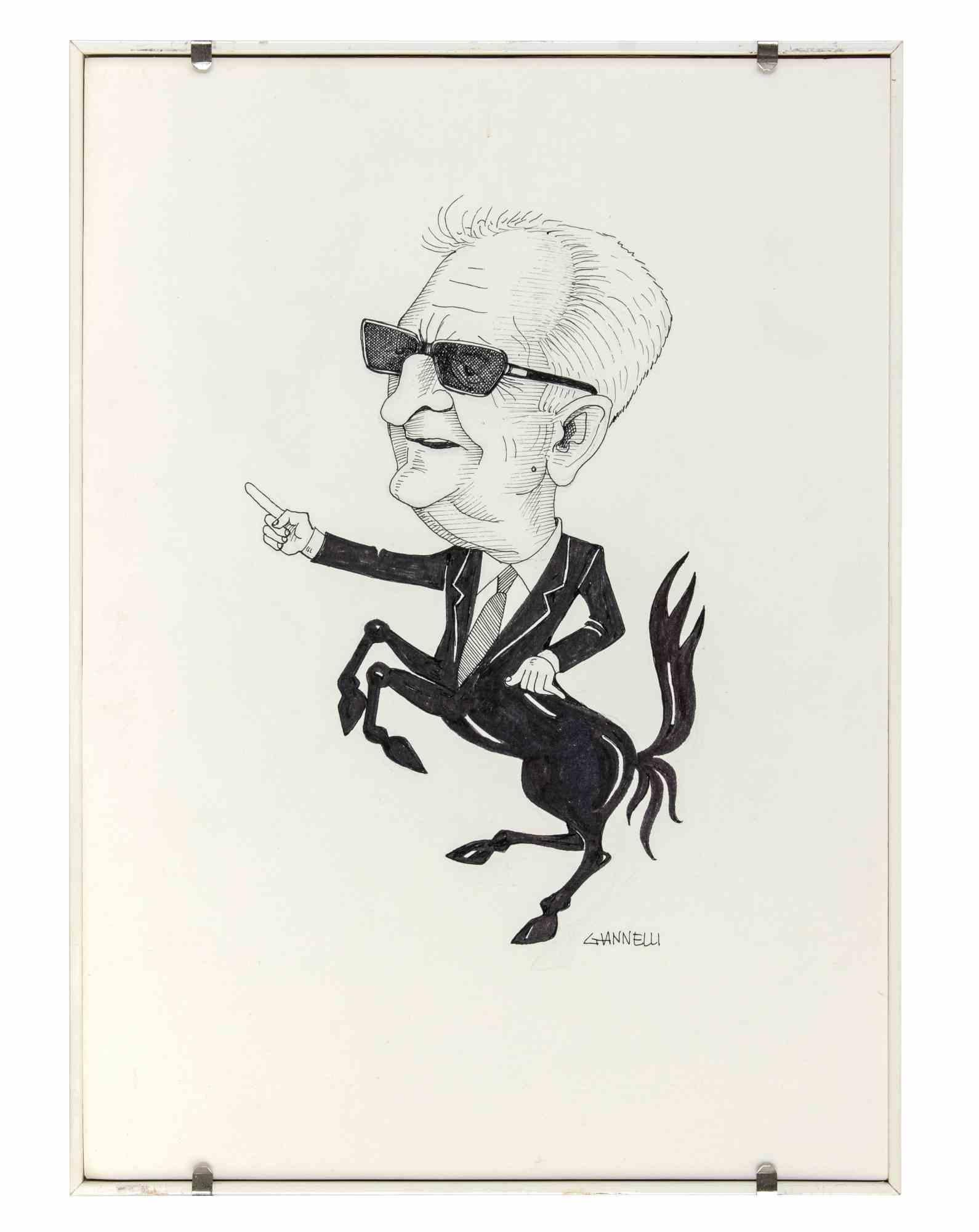 Caricature of Enzo Ferrari - Drawing by Emilio Giannelli - 1980s