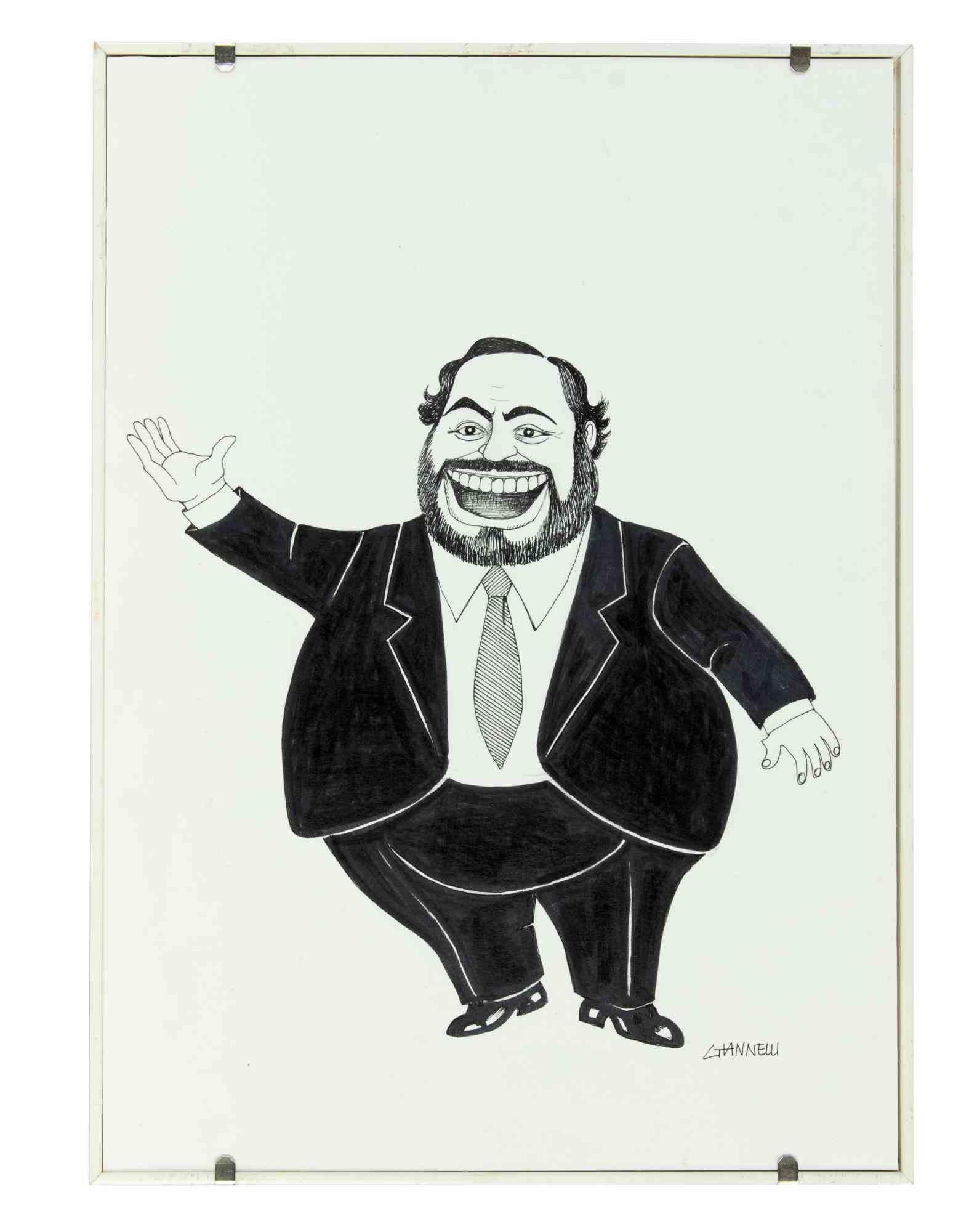 Caricatura de Luciano Pavarotti - Dibujo de Emilio Giannelli - Años 80