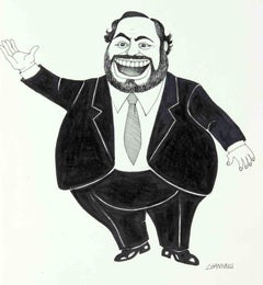 Caricature of Luciano Pavarotti - Drawing by Emilio Giannelli - 1980s