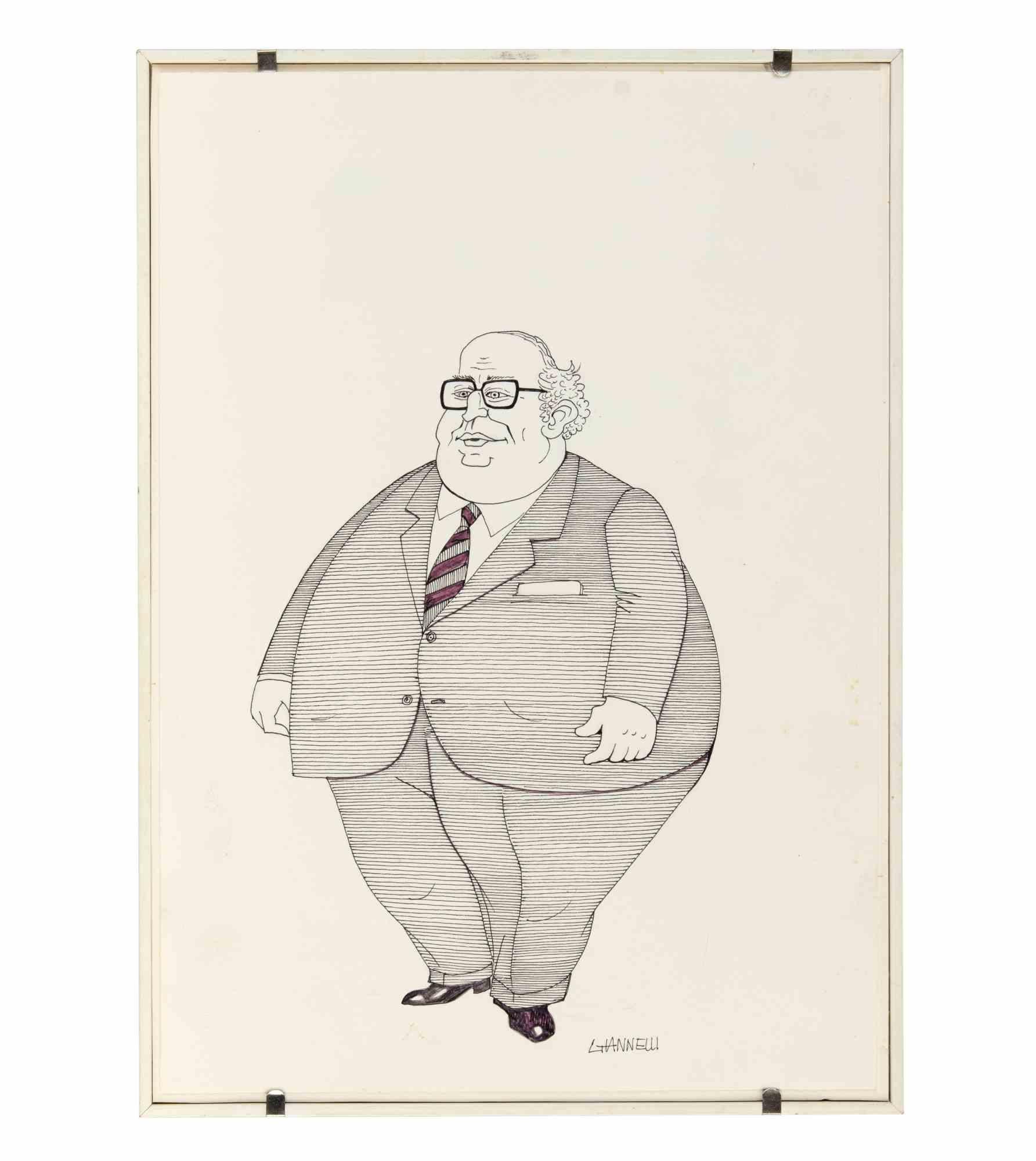 Caricatura de Giovanni Spadolini - Dibujo de Emilio Giannelli - Años 80