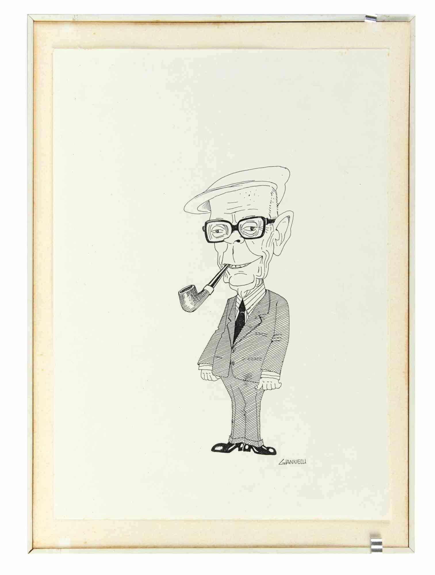 Caricature of Sandro Pertini - Drawing by Emilio Giannelli - 1980s For Sale 1