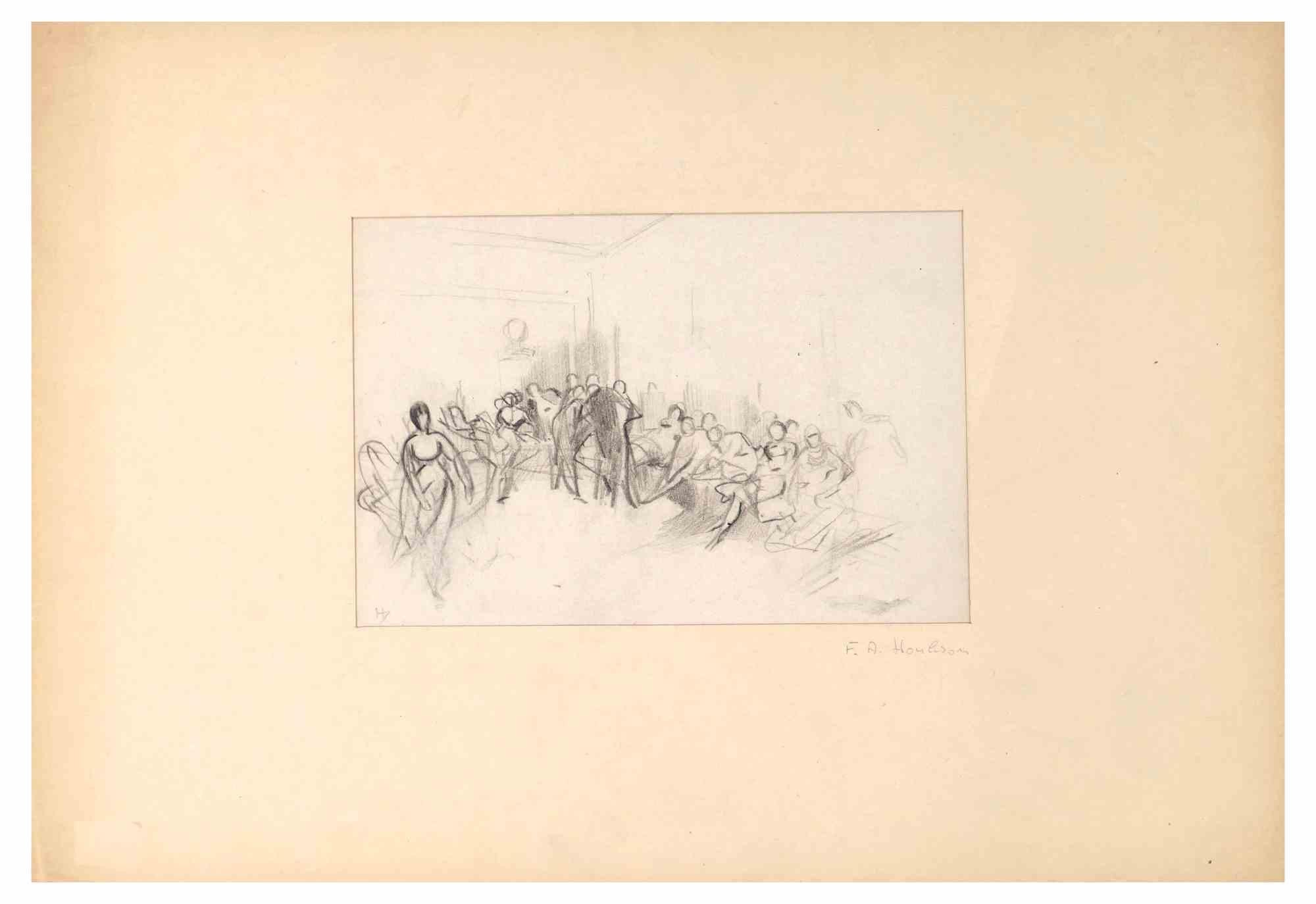 Figurative Art de Frédéric-Anatole Houbron - Fiesta - Dibujo de F.-A. Houbron - Siglo XIX