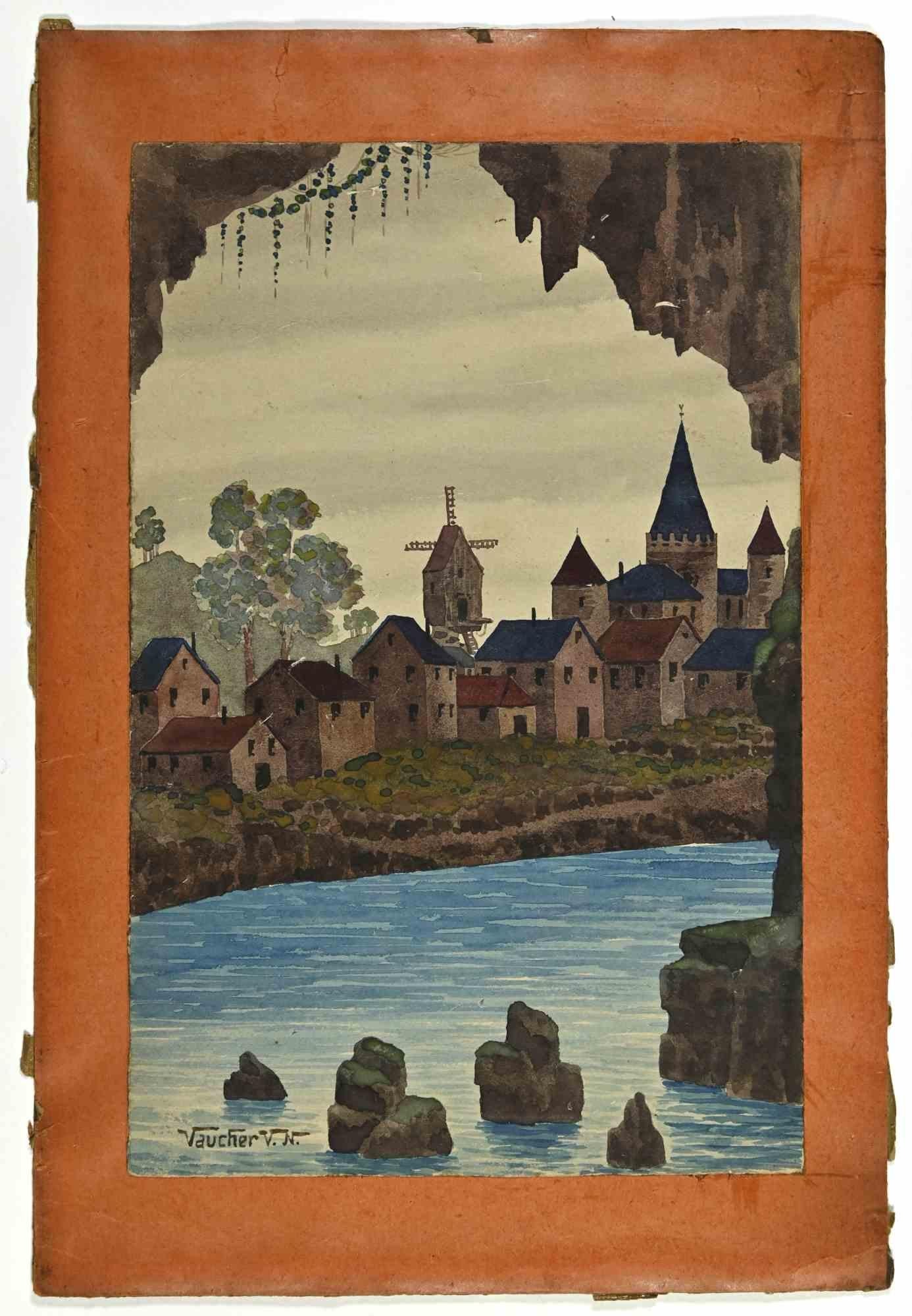 Riverside Village - Drawing by V. N. Vaucher - Mid 20th century