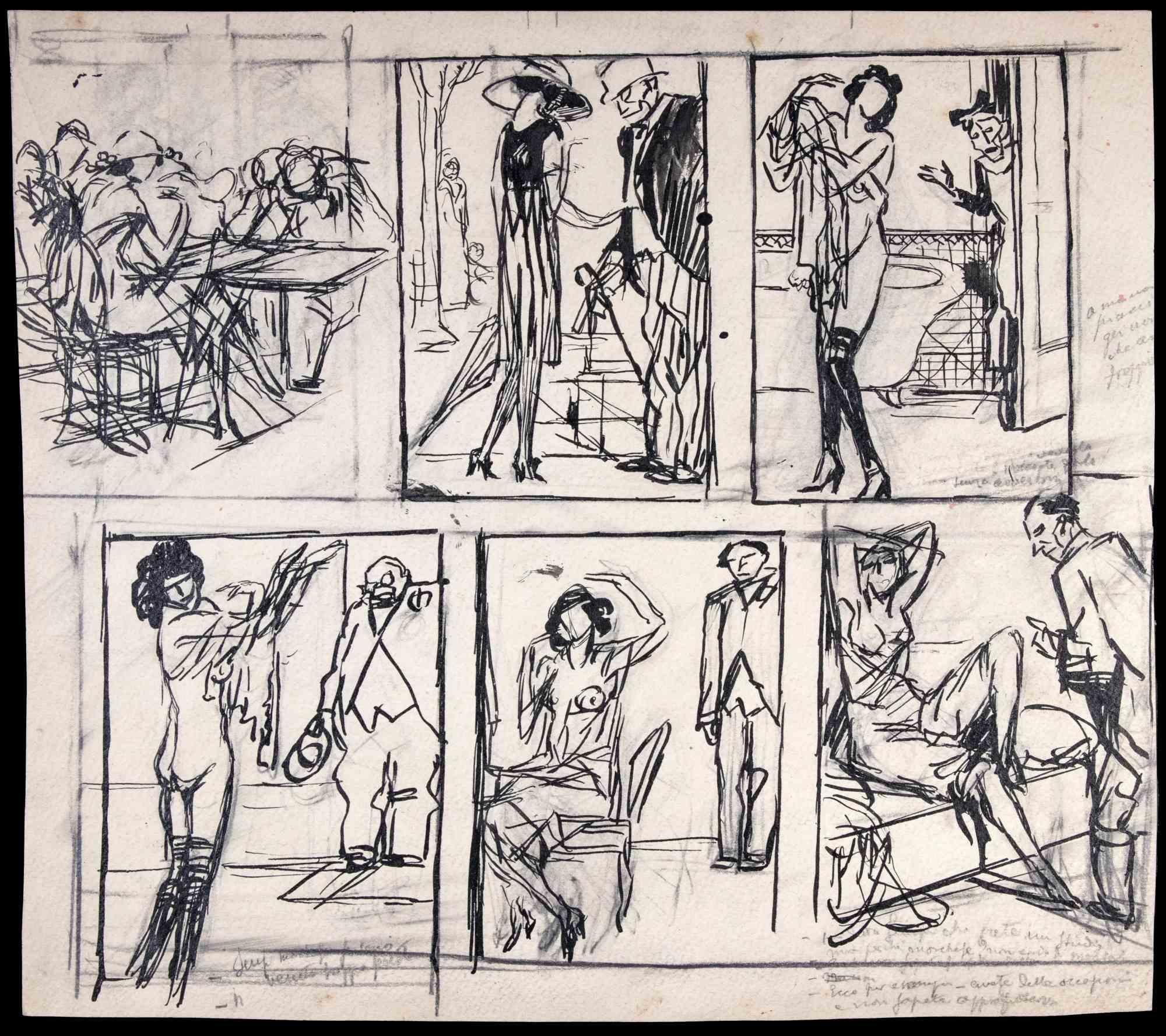 La coppia - Disegno di Carlo Rivalta - Inizio XX secolo