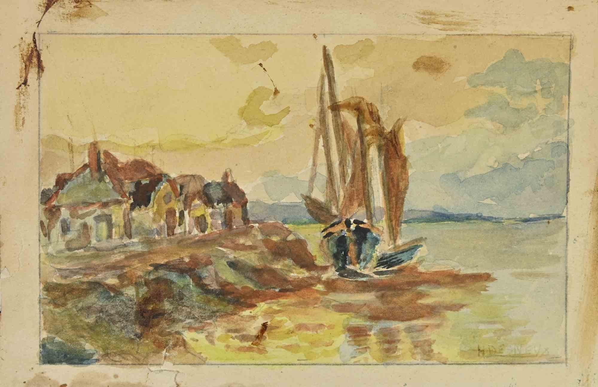 The Sea and Sunset - Drawing by Henri Desneux - Mid 20th century